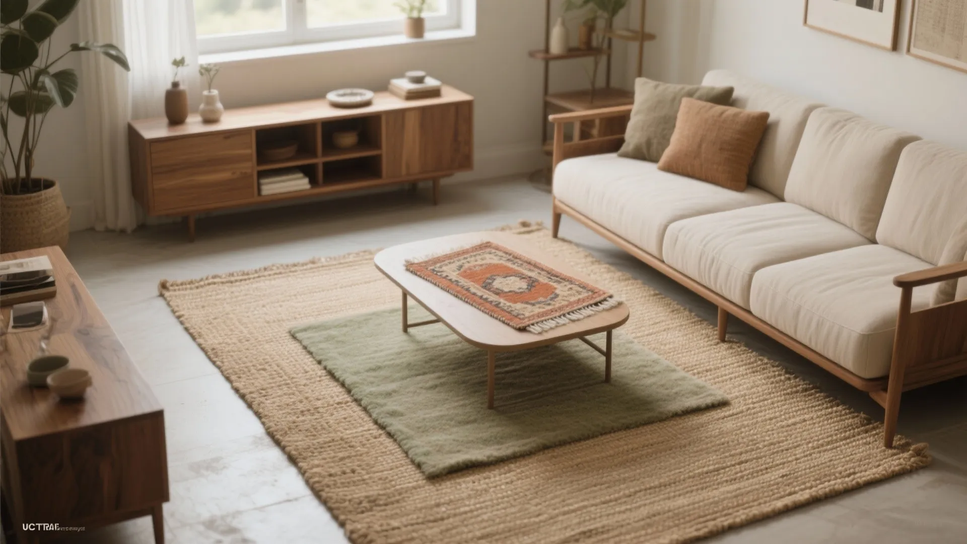 Layered rugs in a small living room: large jute base with a smaller vintage-style wool accent centered under the coffee table.