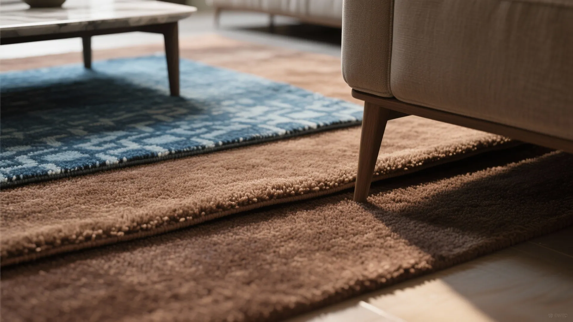 Close-up of a solid brown low-pile rug layered under a patterned blue rug showing fiber texture and scale.