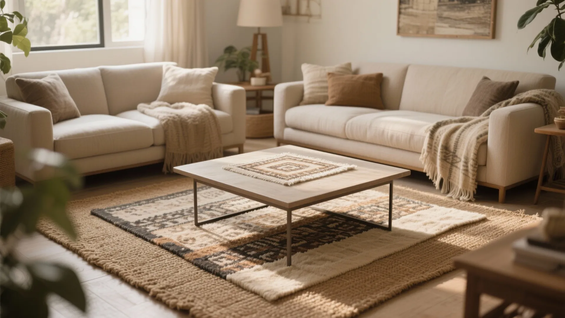 Modern living room with two beige sofas, a wooden coffee table, and layered decorative rugs
