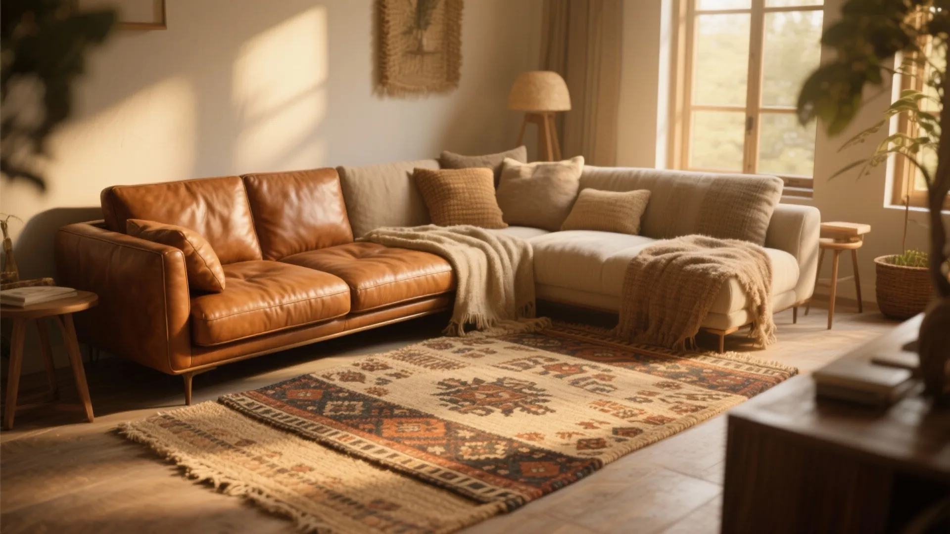 Comfortable living room featuring a brown leather sofa fabric couch patterned rug and warm sunlight