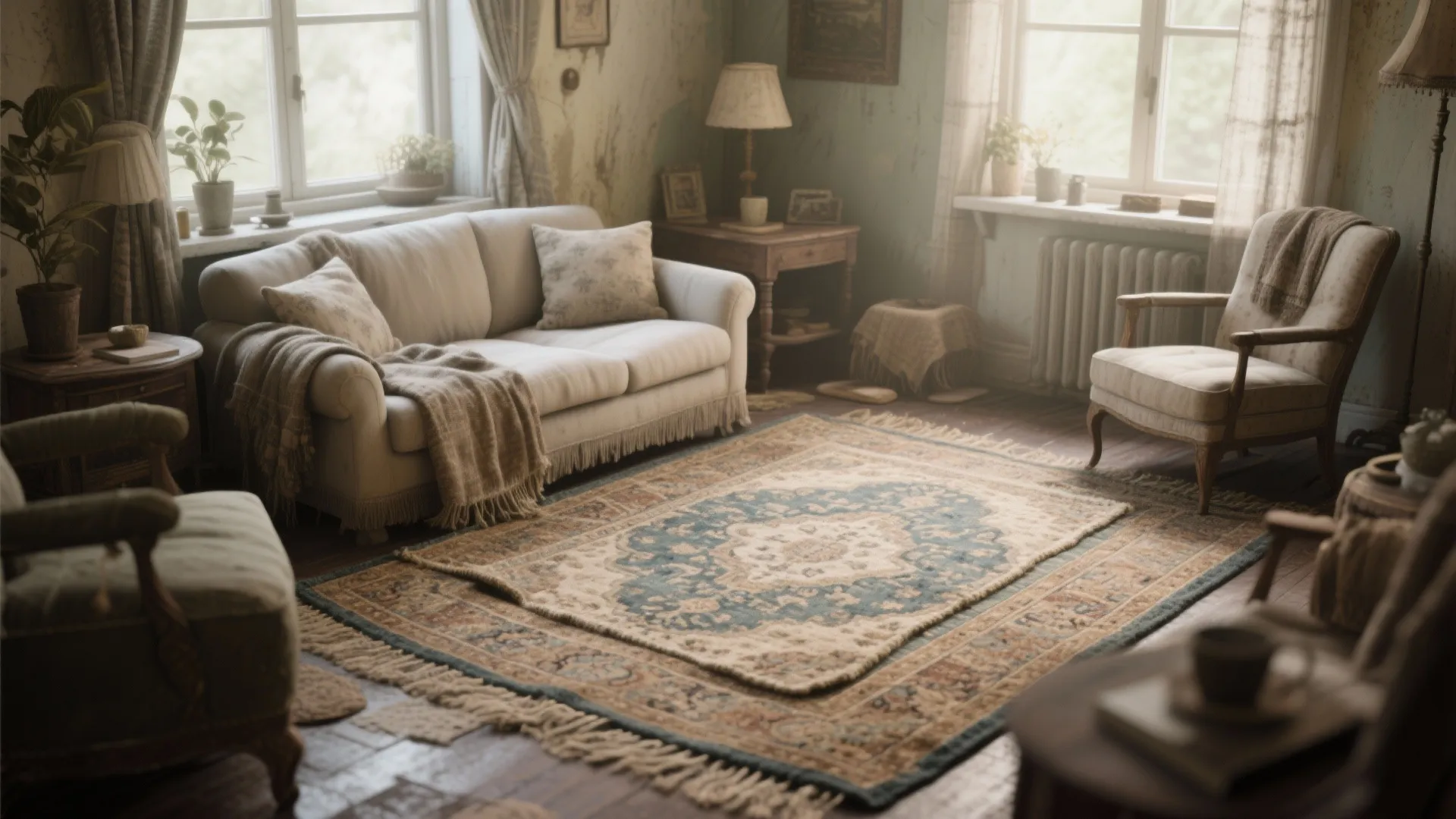 Small living room with layered Persian and jute rugs
