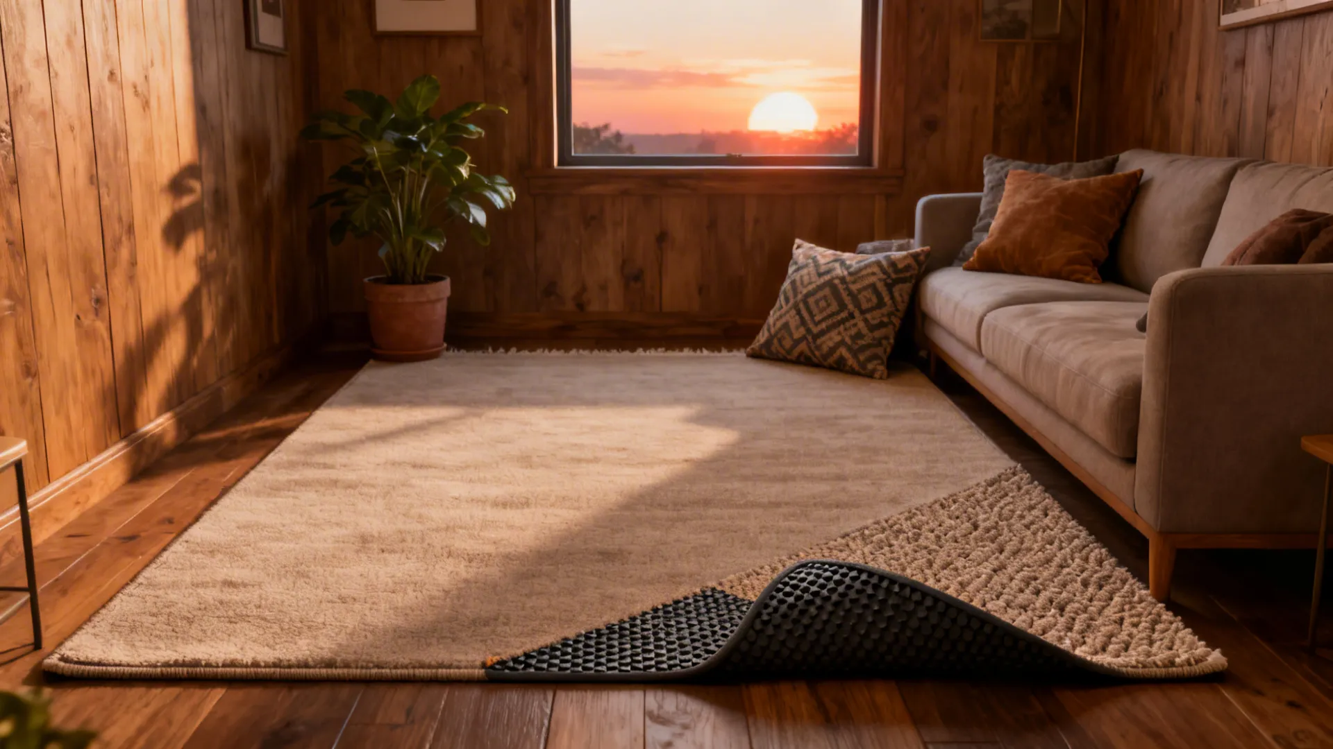 Layered rugs in a small living room with a smaller textured rug over a neutral base and warm accents.