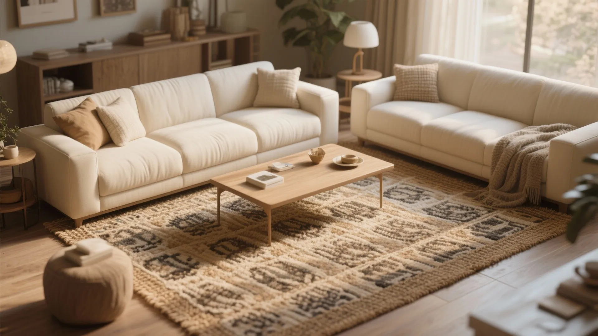 10. Layered Rugs under Cream Furniture
