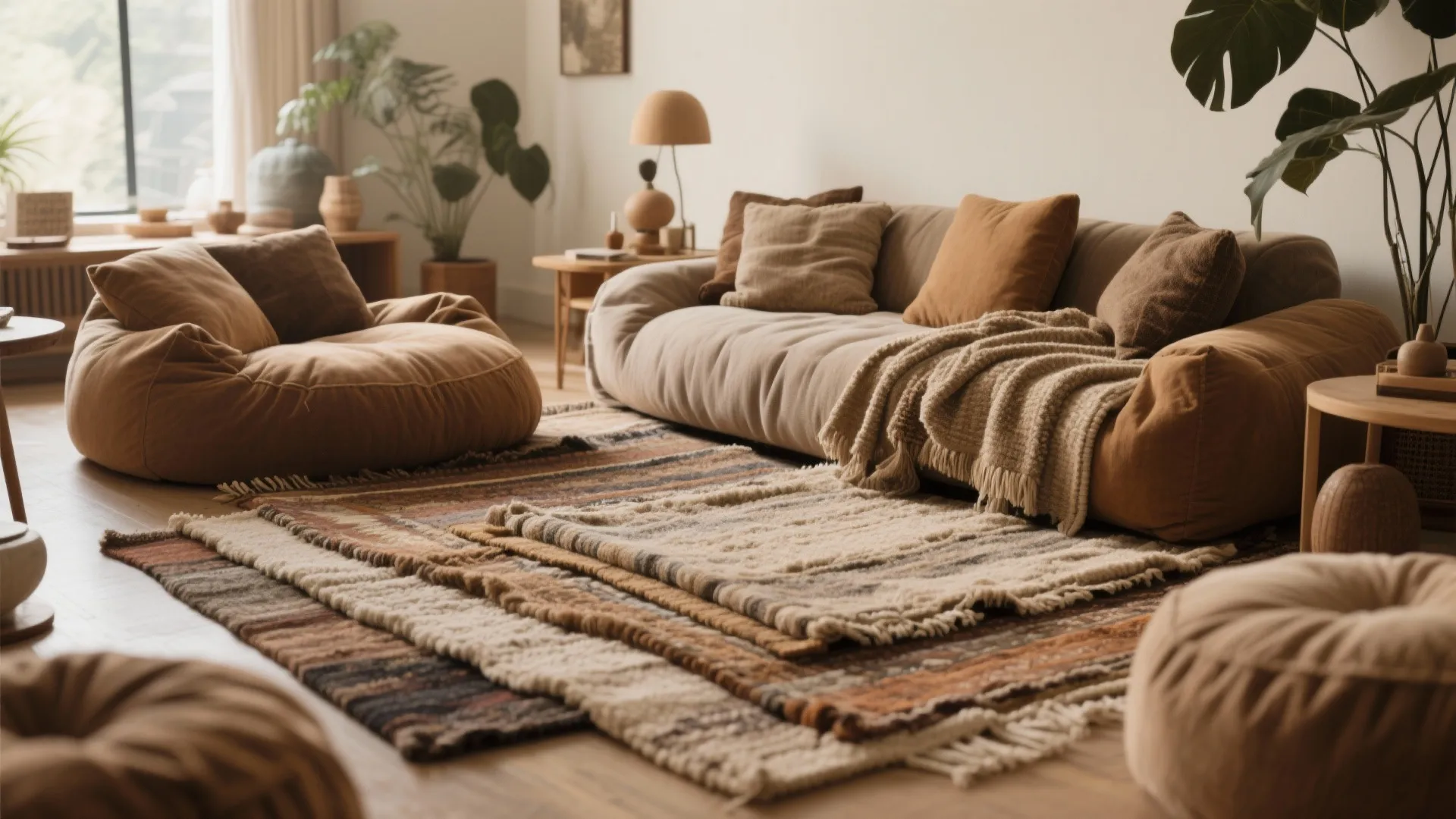 Warm cozy living room with layered textured rugs brown sofa many cushions and green indoor plants