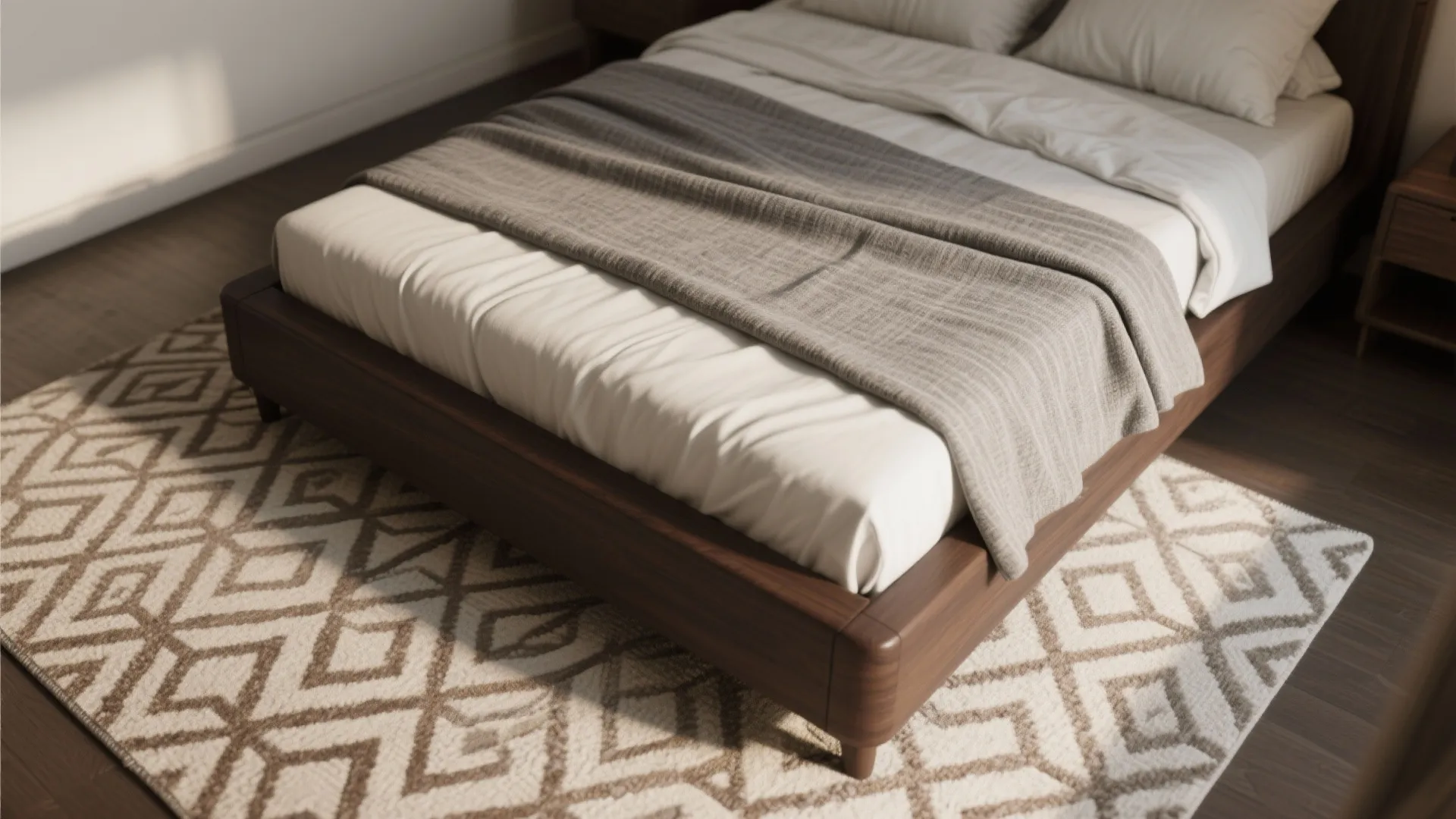Layered rugs under dark brown bed add depth