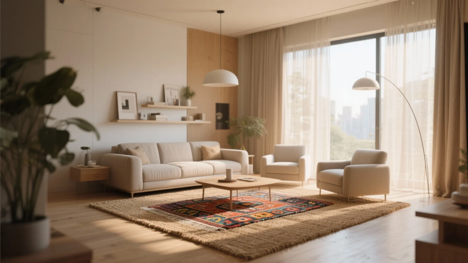Cozy living room featuring layered rugs cream sofa two armchairs and white ceiling light fixture