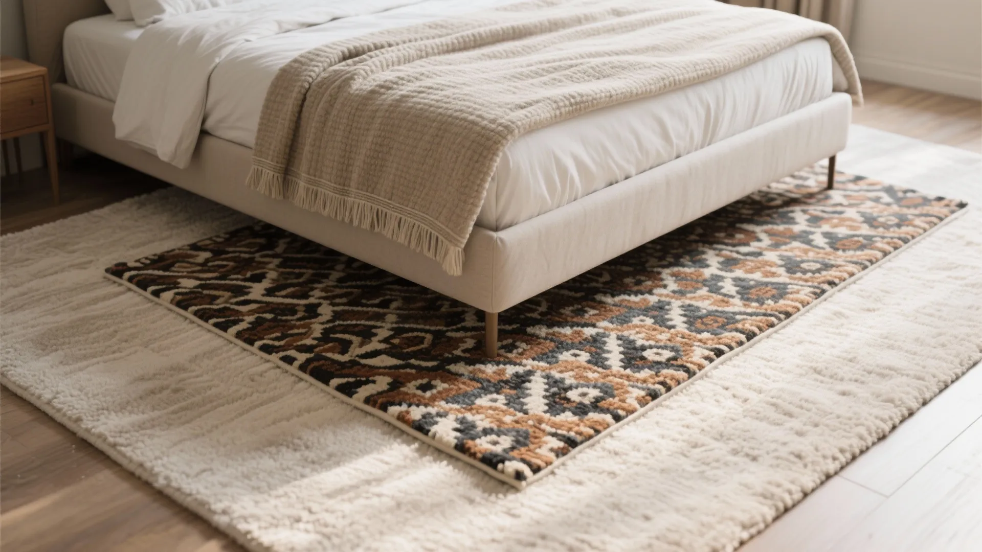 Layered neutral and patterned rugs under bed