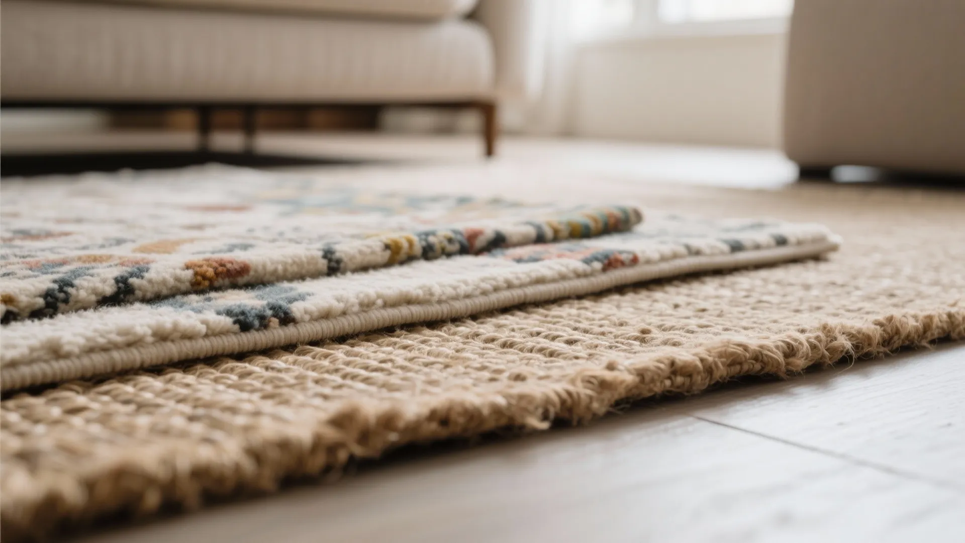 Close up of layered rugs with different textures on a light wood floor near sofa