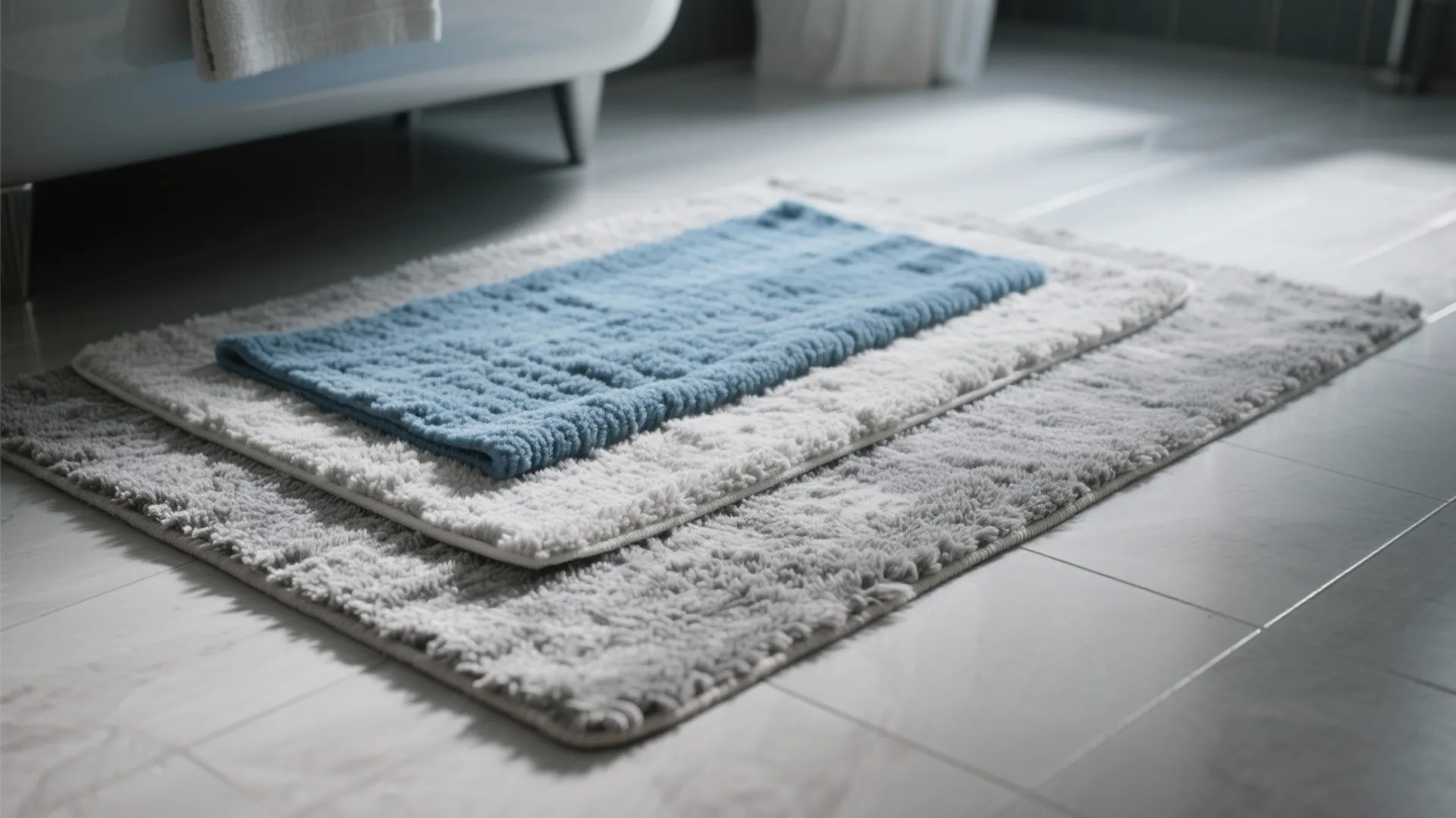Close up of three layered bathroom rugs in grey white and blue on light tiles