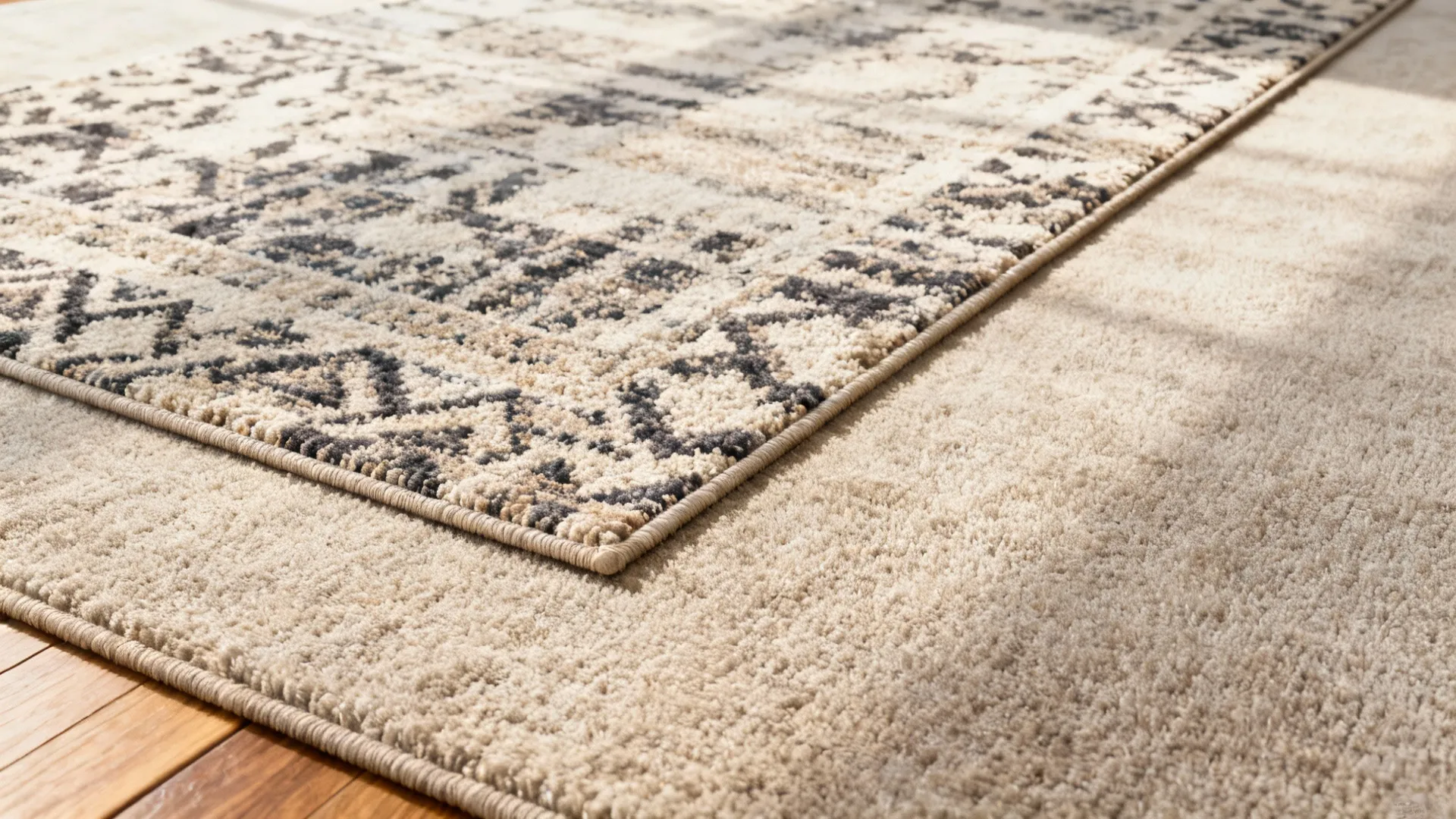 Layered rugs showing a neutral base rug with a smaller patterned rug on top for depth and stain hiding