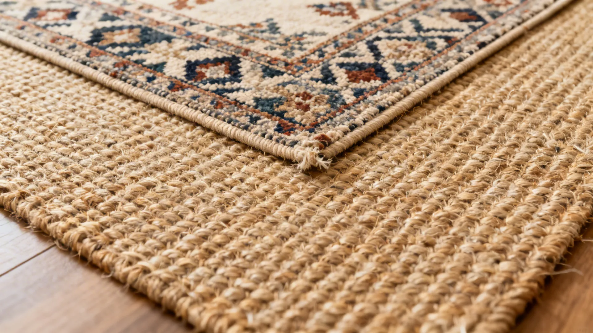Close up view of a patterned rug layered on top of a larger woven natural rug