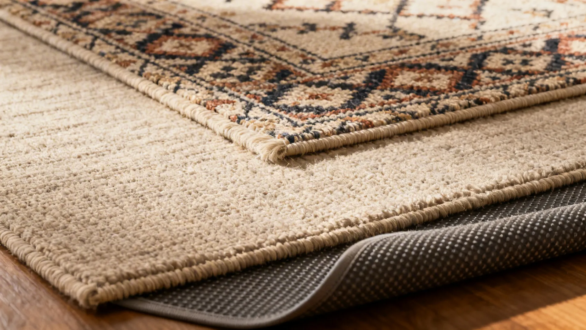 Close up of patterned rug layered over beige rug showing the textured grey non-slip bottom layer