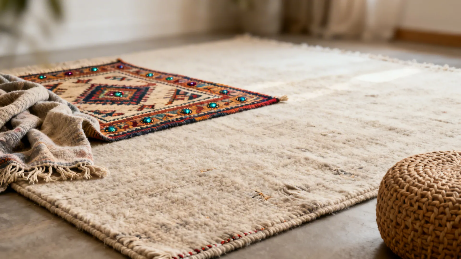 Close-up of a neutral rug layered with a patterned kilim and woven pouf showing rich textures.
