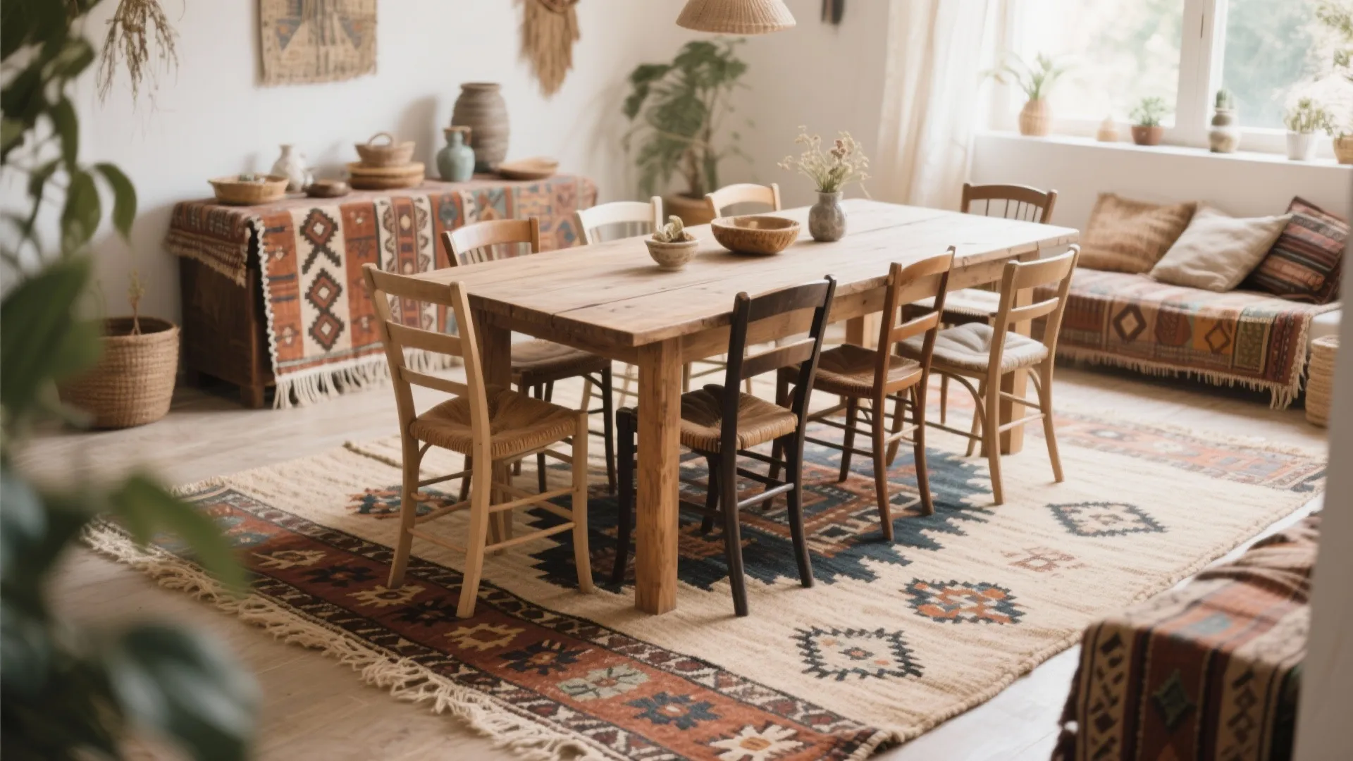 Rustic wooden dining table and chairs on a patterned rug in a bright boho room