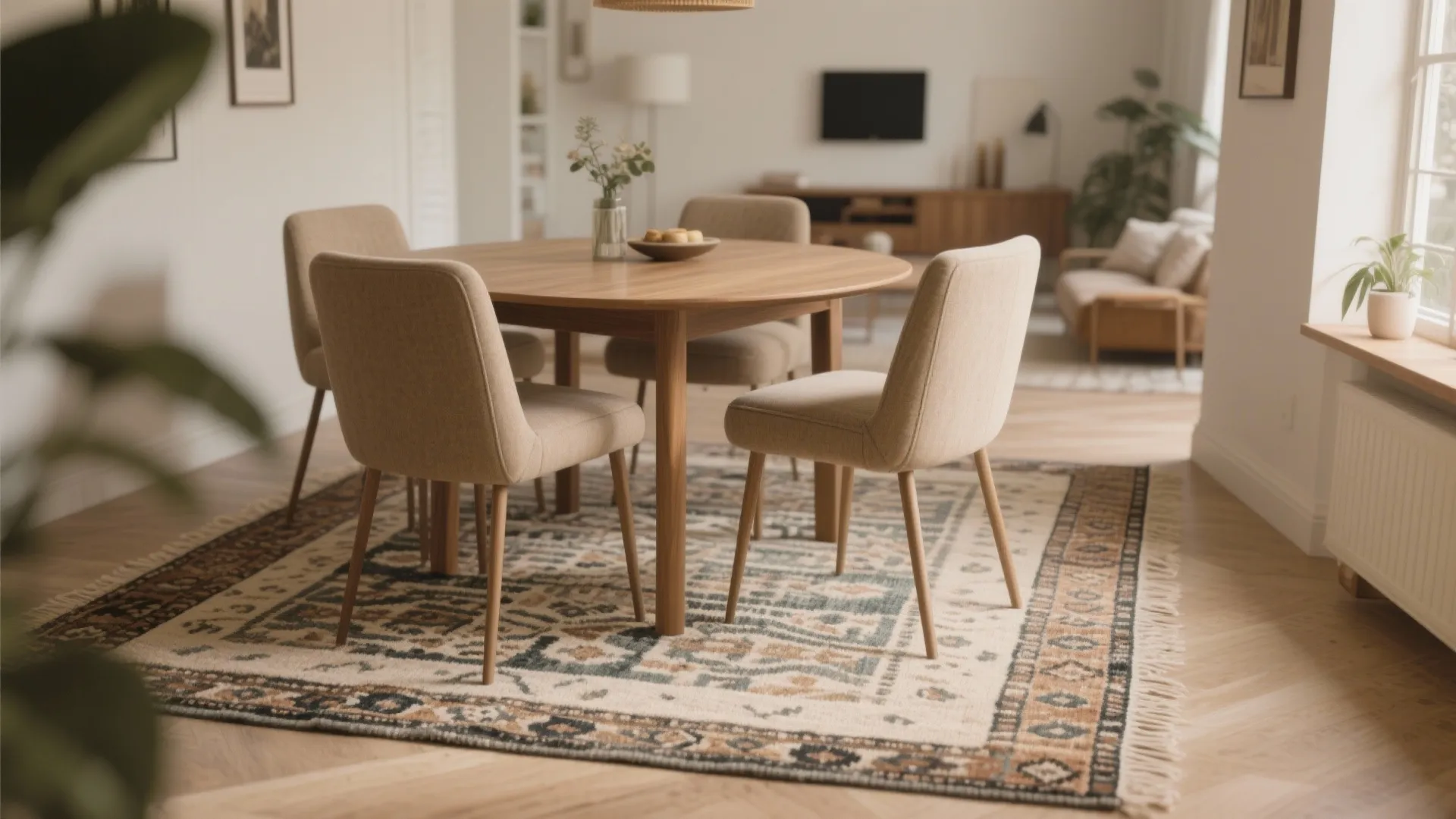 Round wooden dining table with four beige chairs on a patterned rug in living room