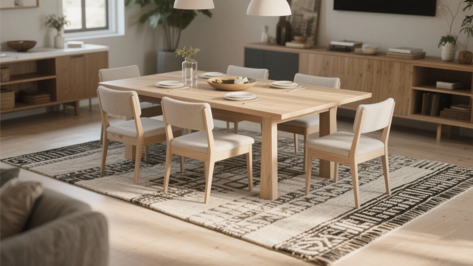 Bright dining room with wooden table, beige chairs, patterned floor rug, and wooden storage cabinet