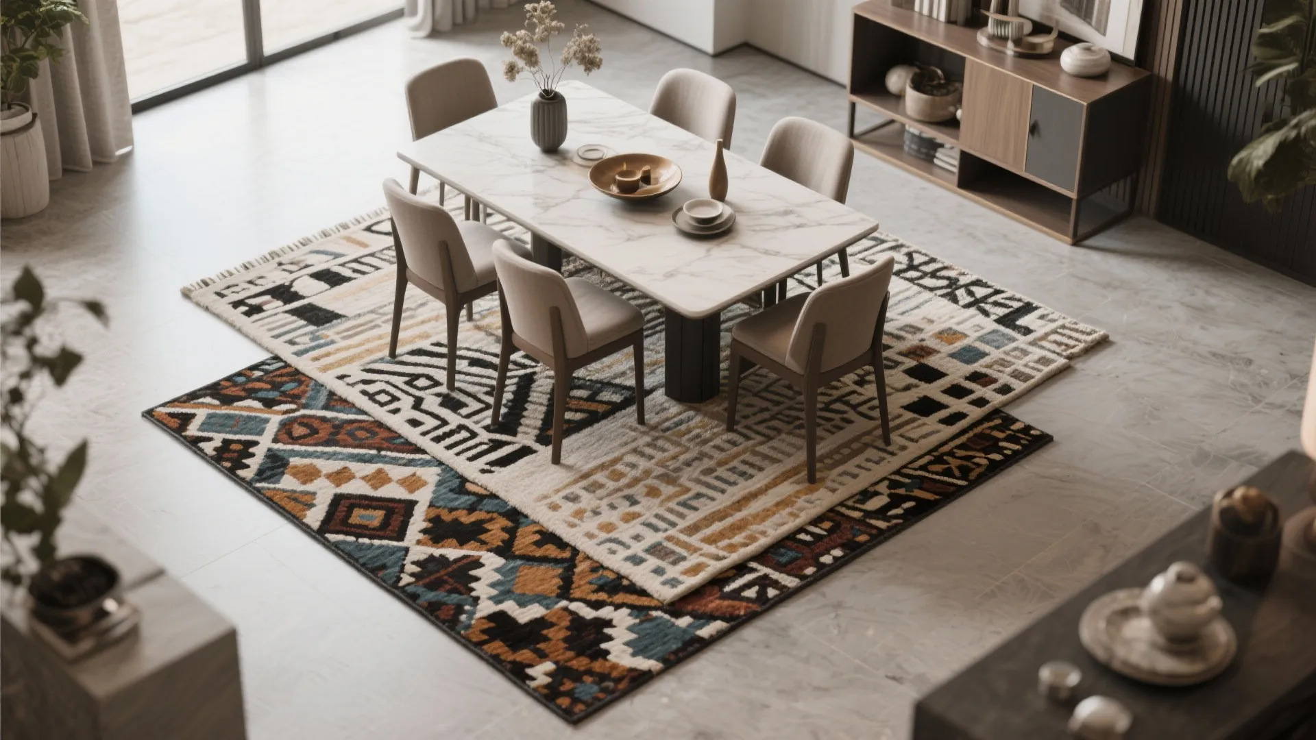 Two layered rugs with different patterns under a dining table and chairs in a room