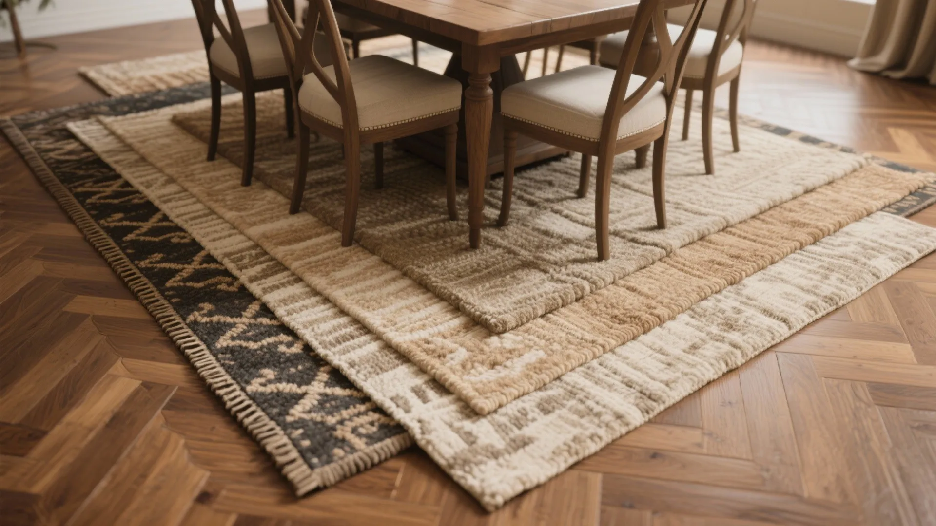 Wooden dining table and chairs placed on several layered textured rugs over a wood floor