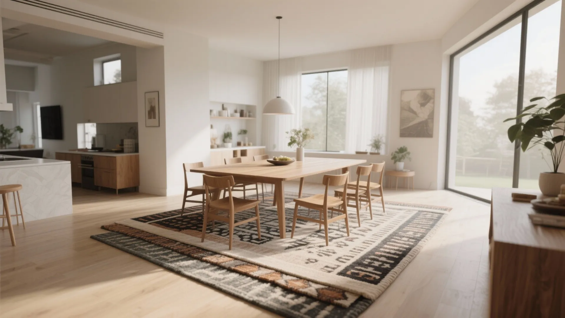 Layered rugs under dining table in open-plan home