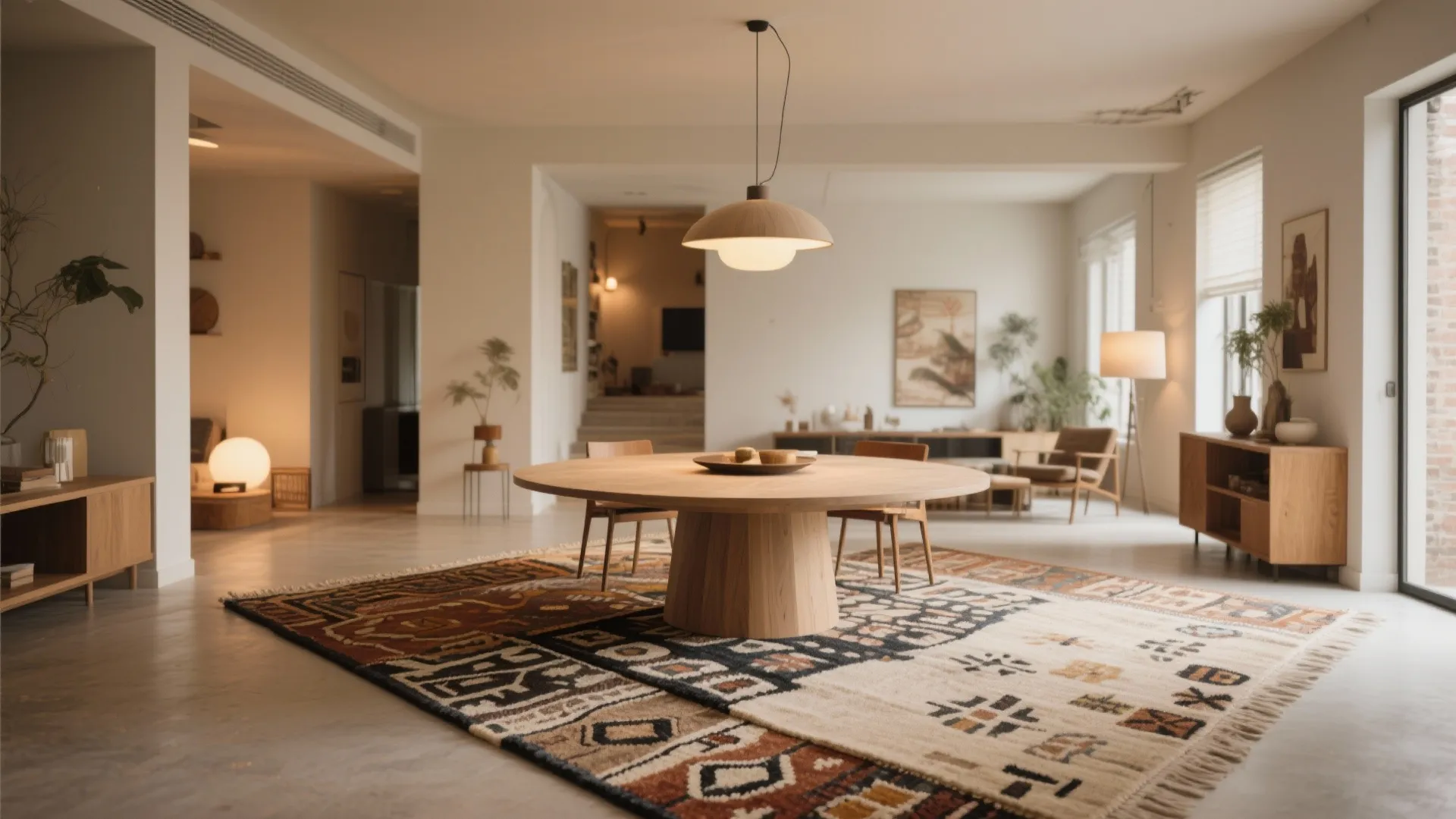 Layered rugs under round table in open-plan dining