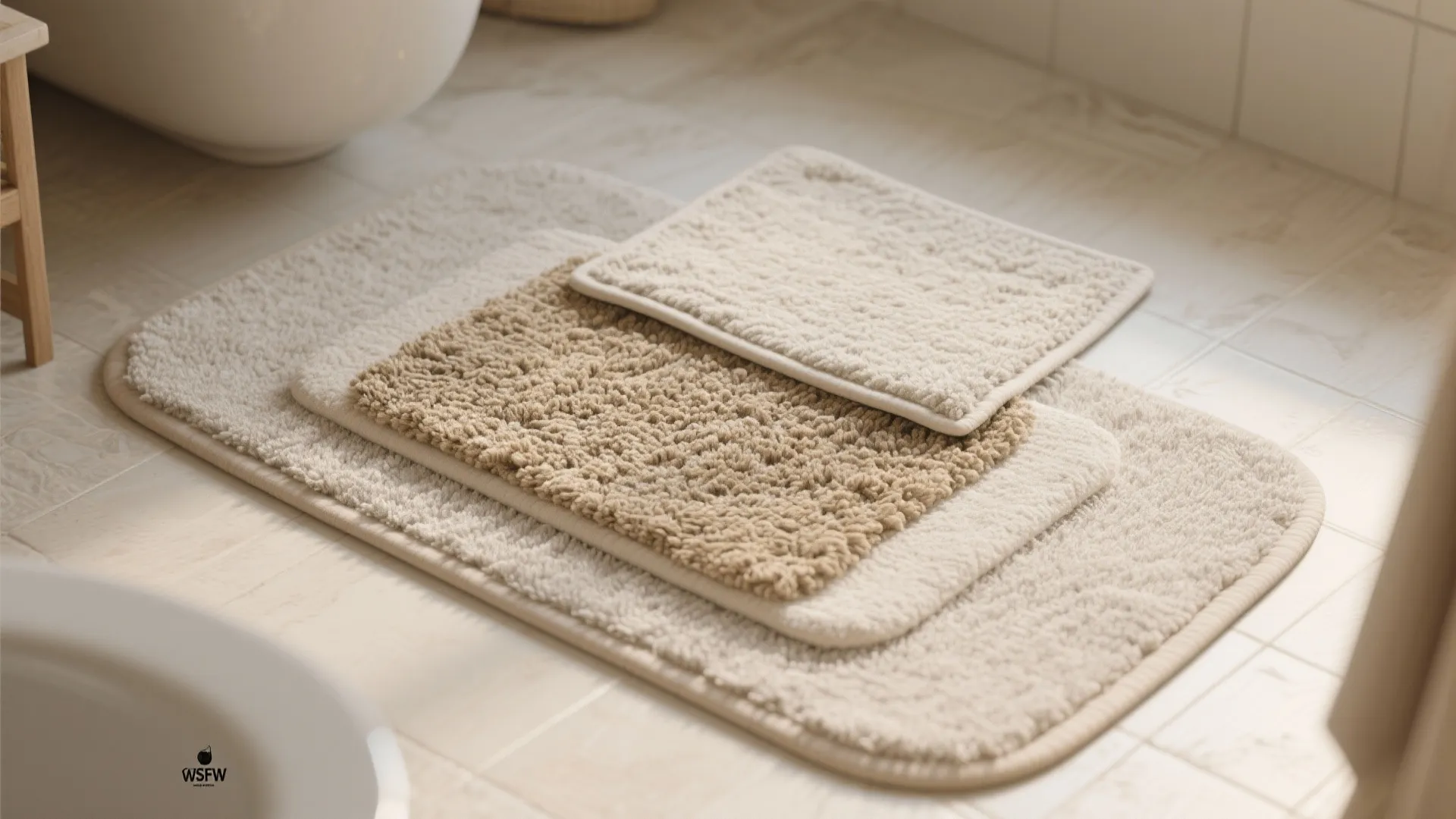Three different sizes of soft beige bathroom rugs layered on top of white floor tiles