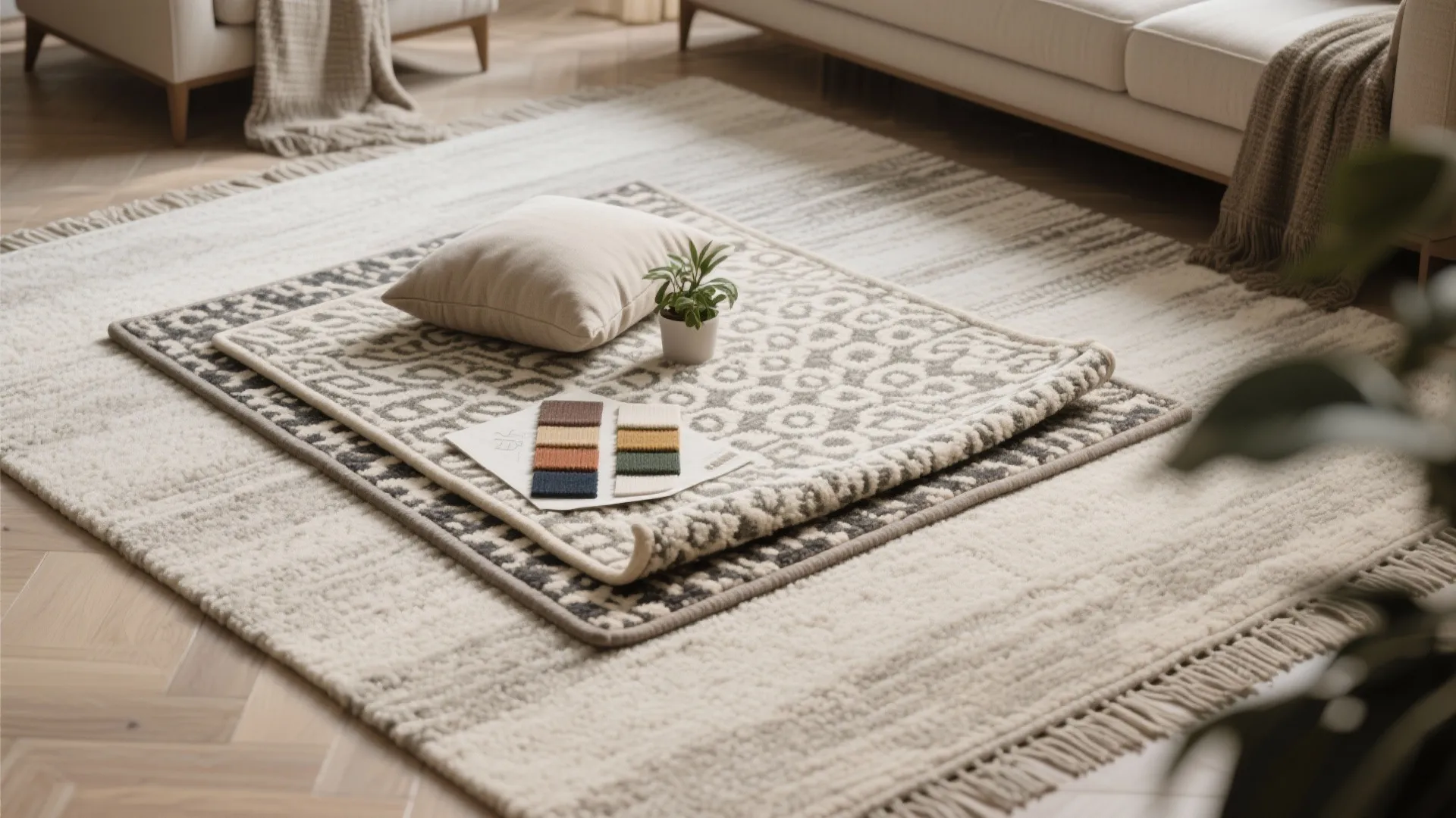 Layered rugs in different patterns and sizes with a small plant and pillow on top