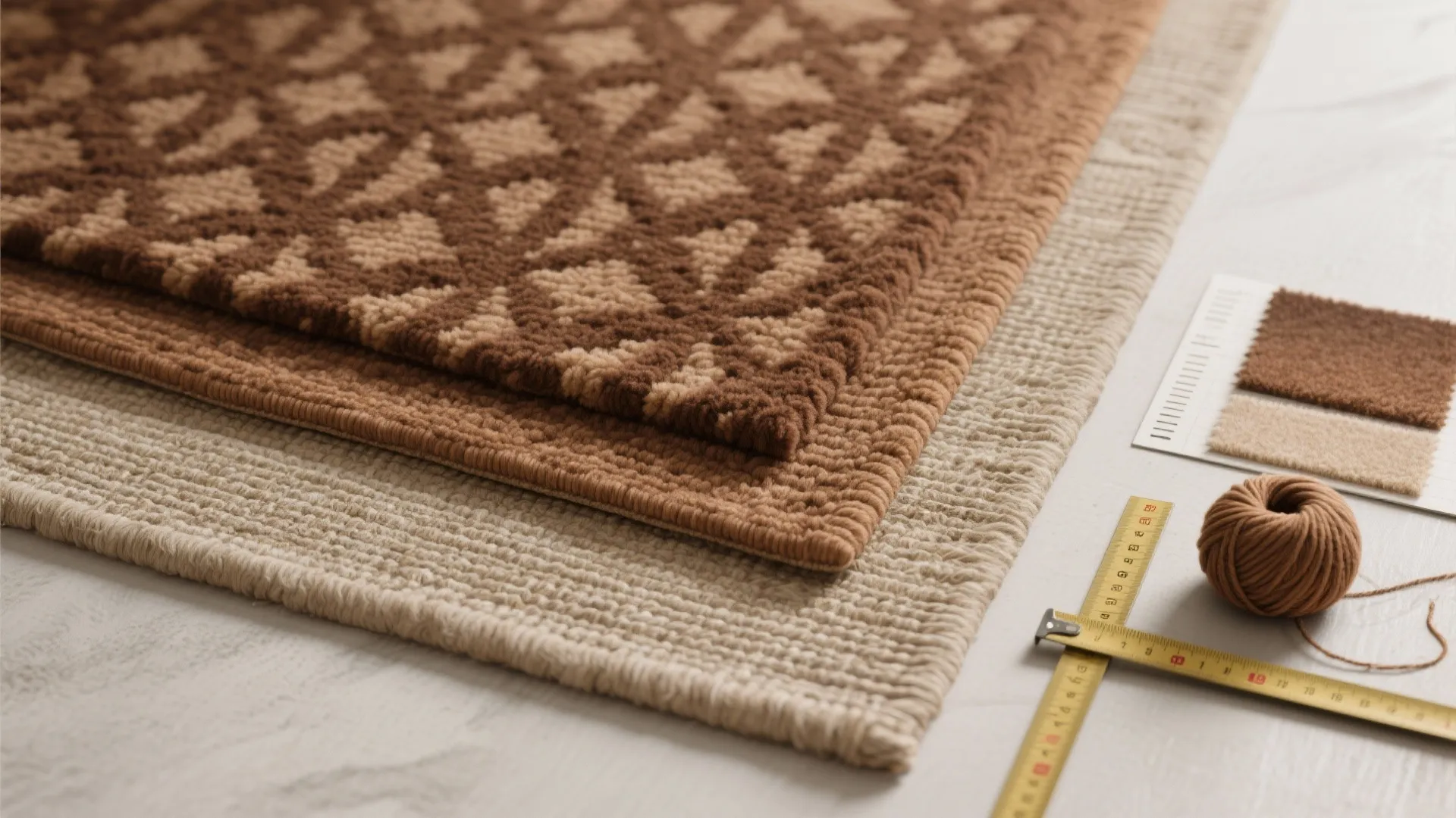 1. Layer a patterned brown rug over a neutral base