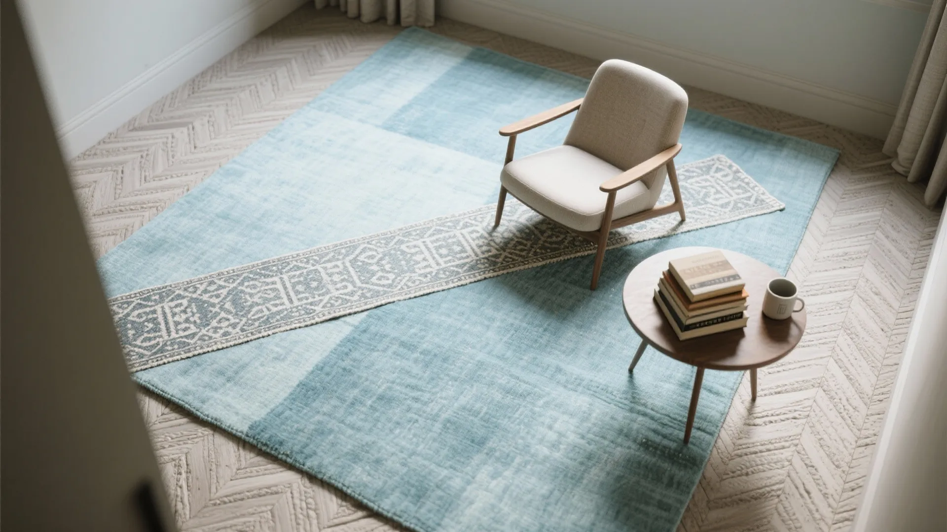 Light blue area rug with patterned runner on wood floor featuring chair and small table