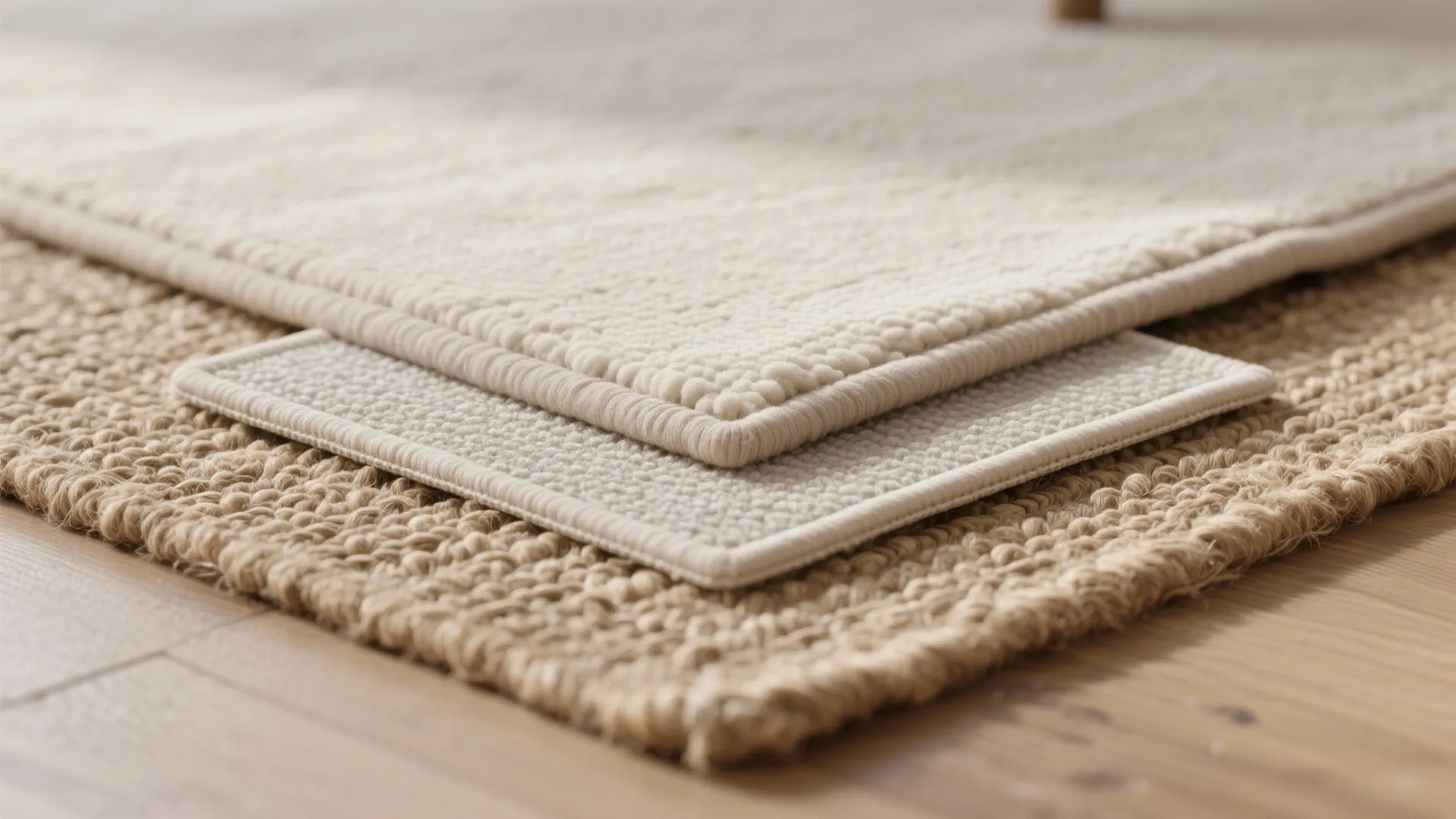 Close up view of three layered rugs with different textures and neutral colors on floor
