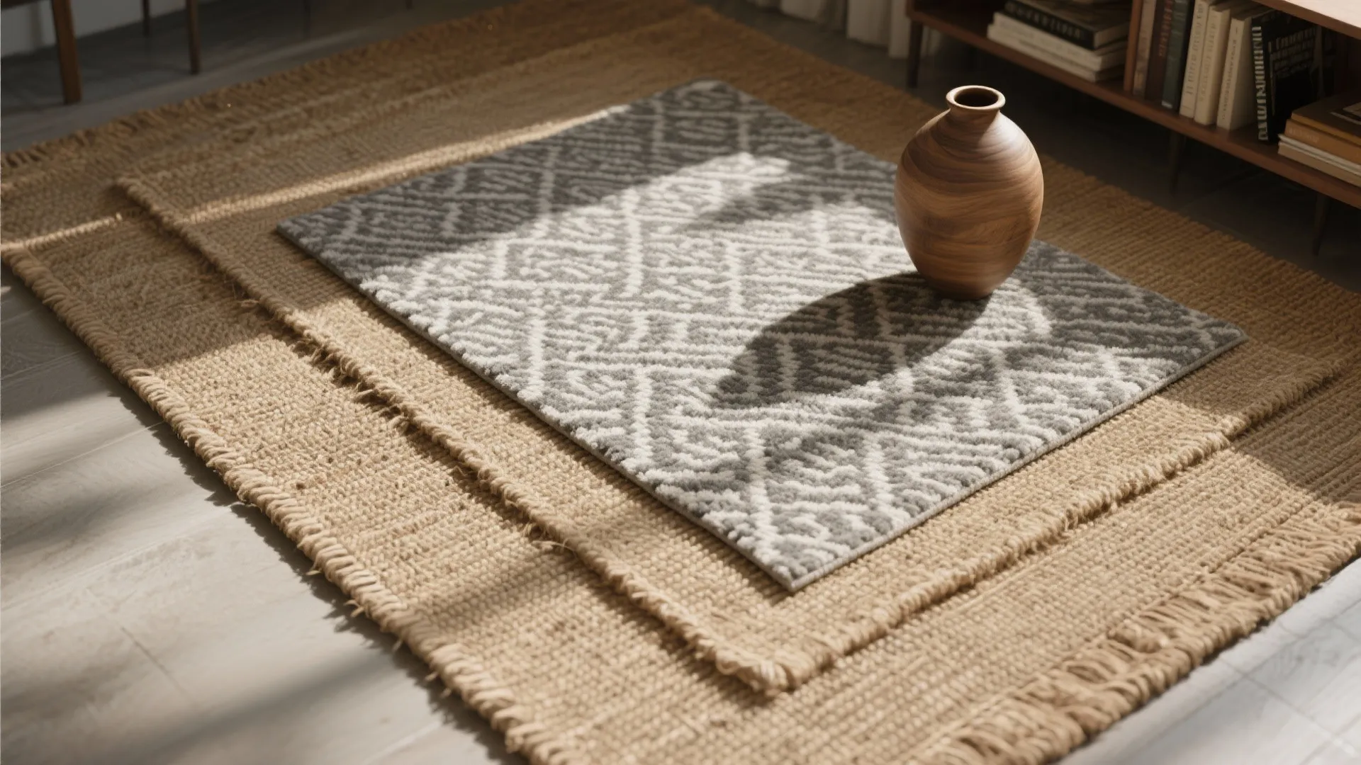 3. Layered Rugs: Neutral Tan Base + Gray Pattern