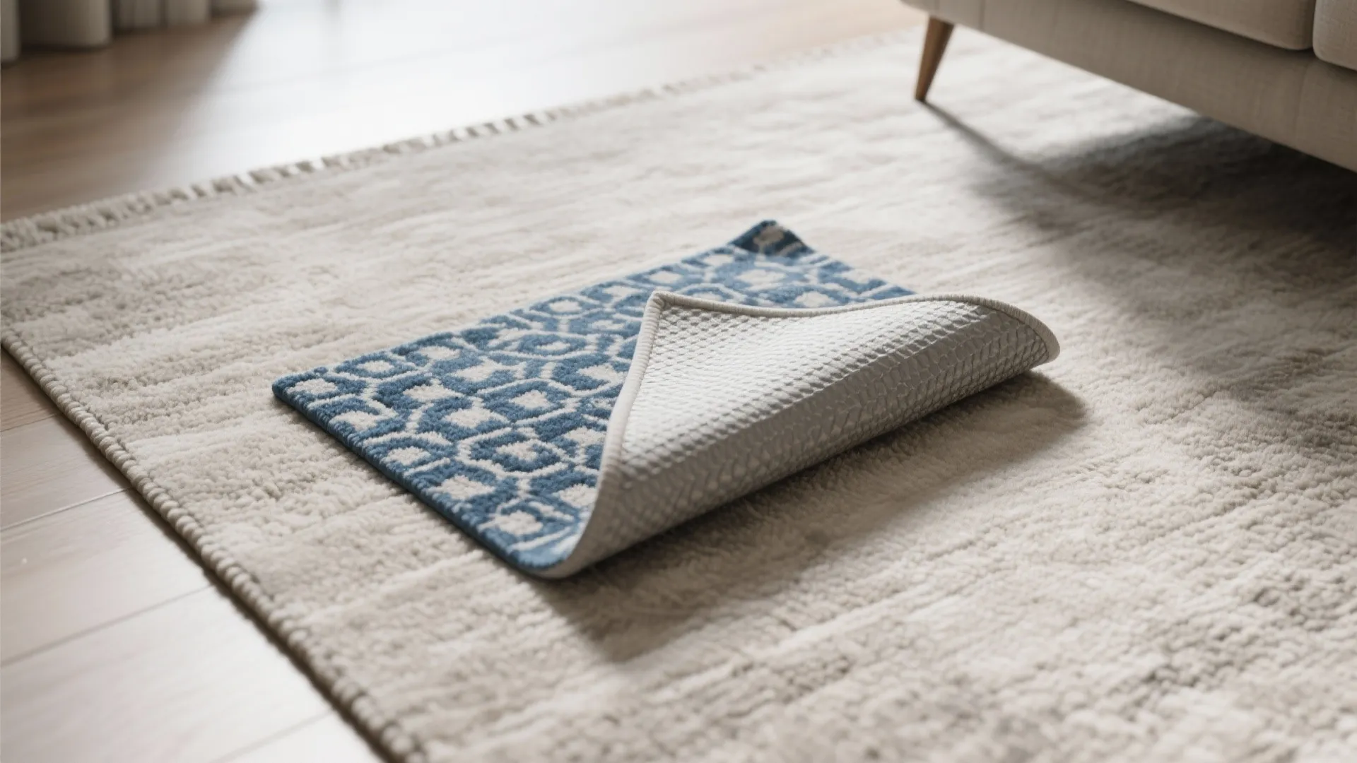 Small blue patterned rug layered on top of a large beige textured rug on wooden floor