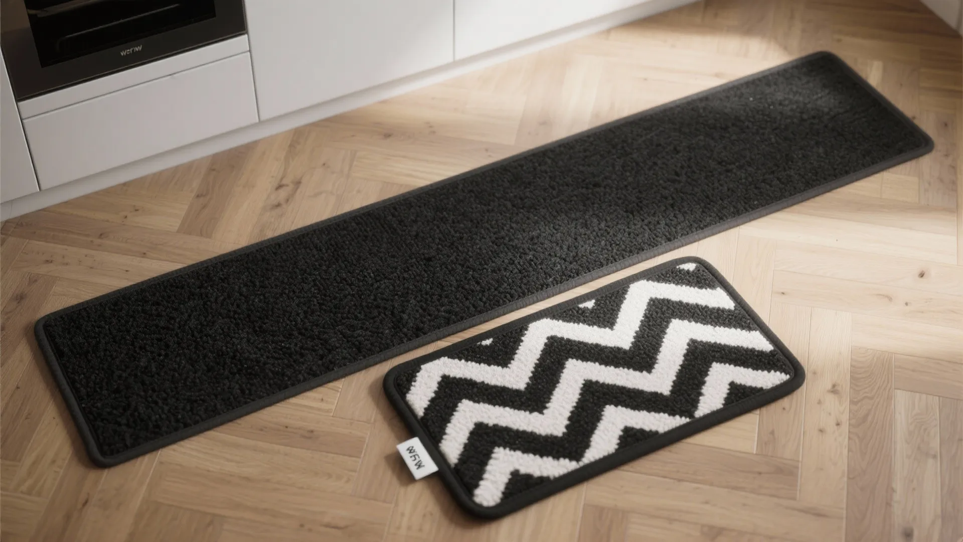 Top-down view of a chevron washable mat layered over a black runner showing texture and removable top layer