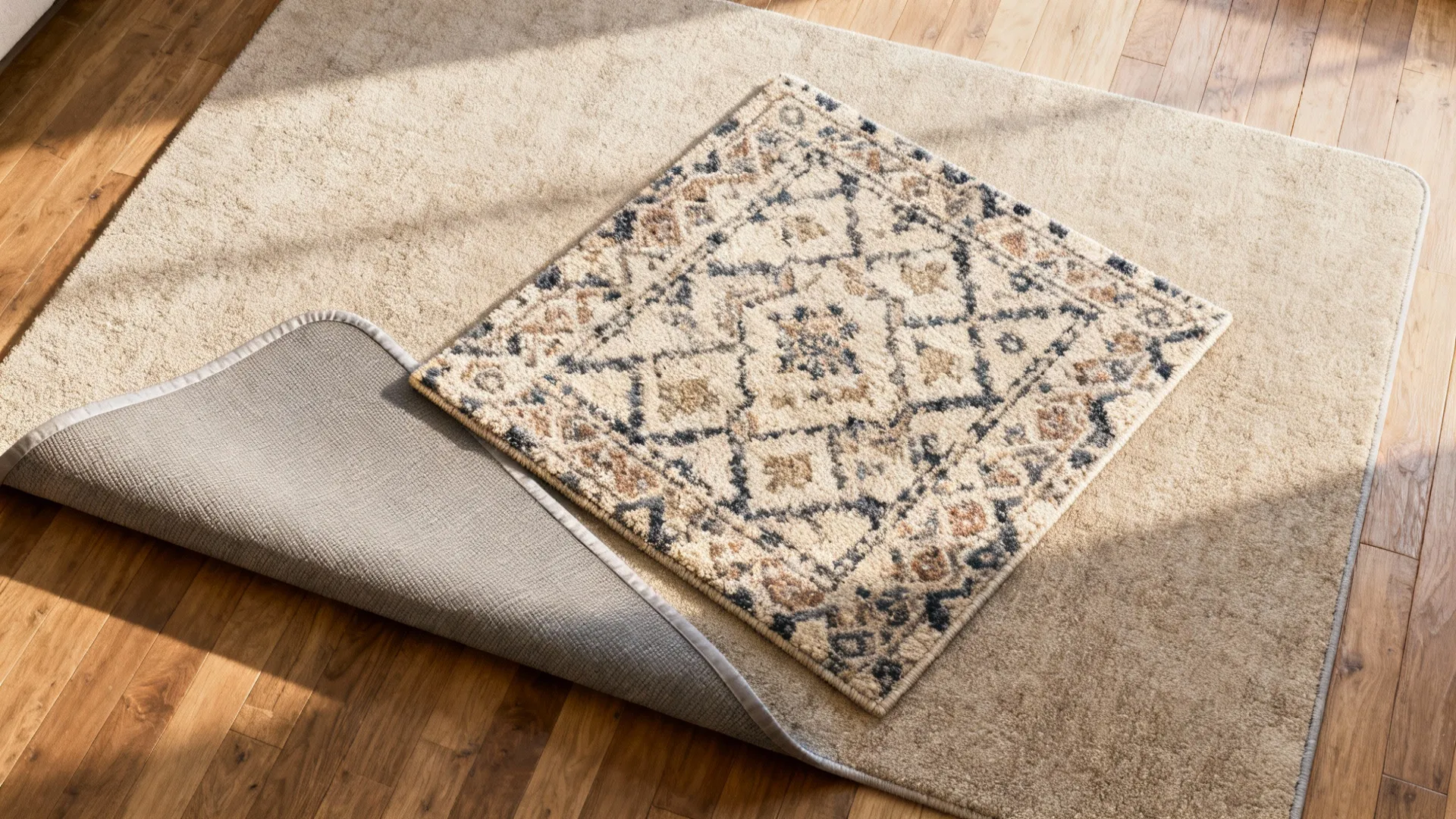 Top-down view of a 6x9 neutral rug layered with a smaller patterned 4x6 rug for texture.