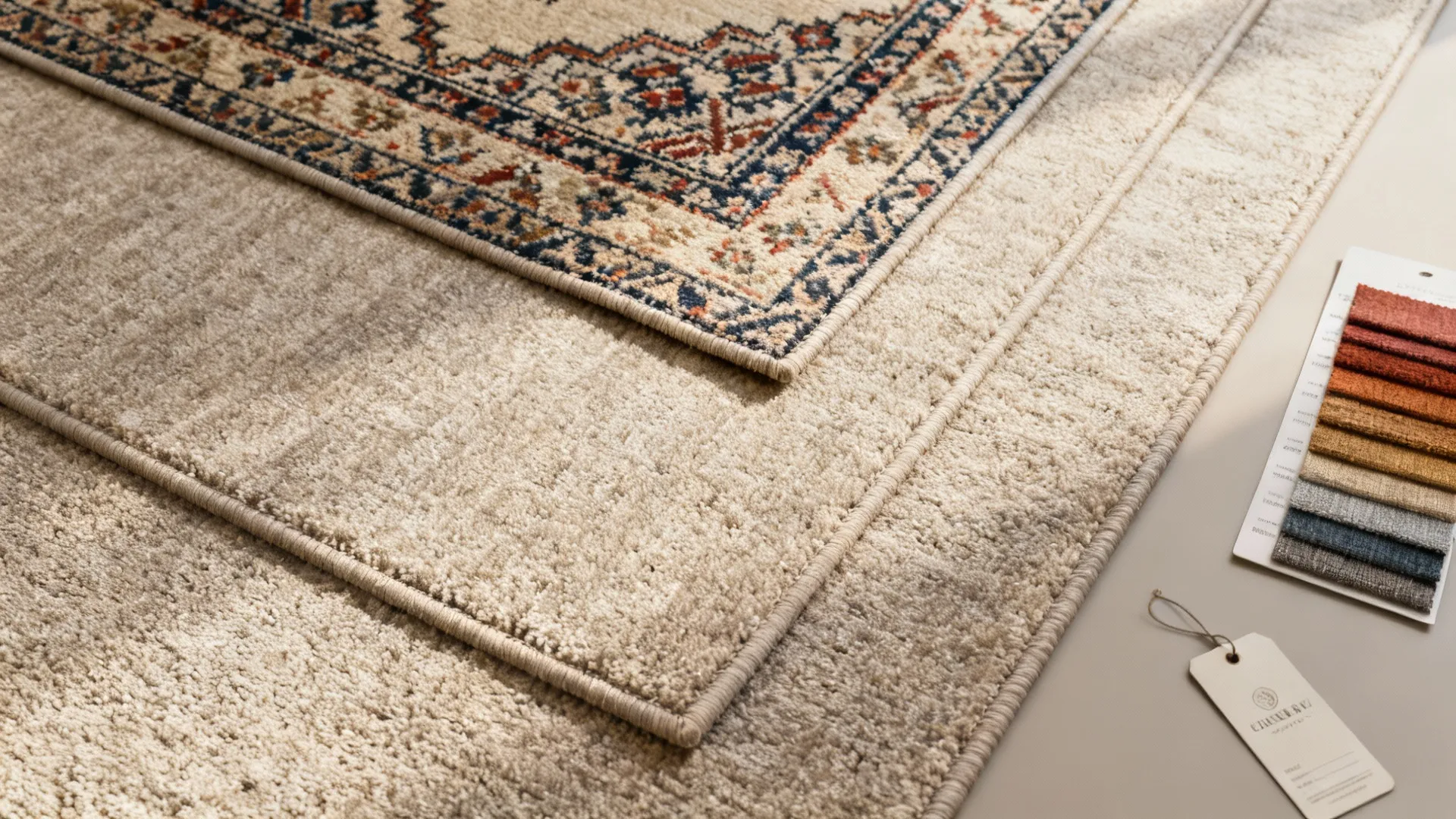 Top-down view of a durable neutral rug layered with a smaller patterned accent rug showing textures and swatches.