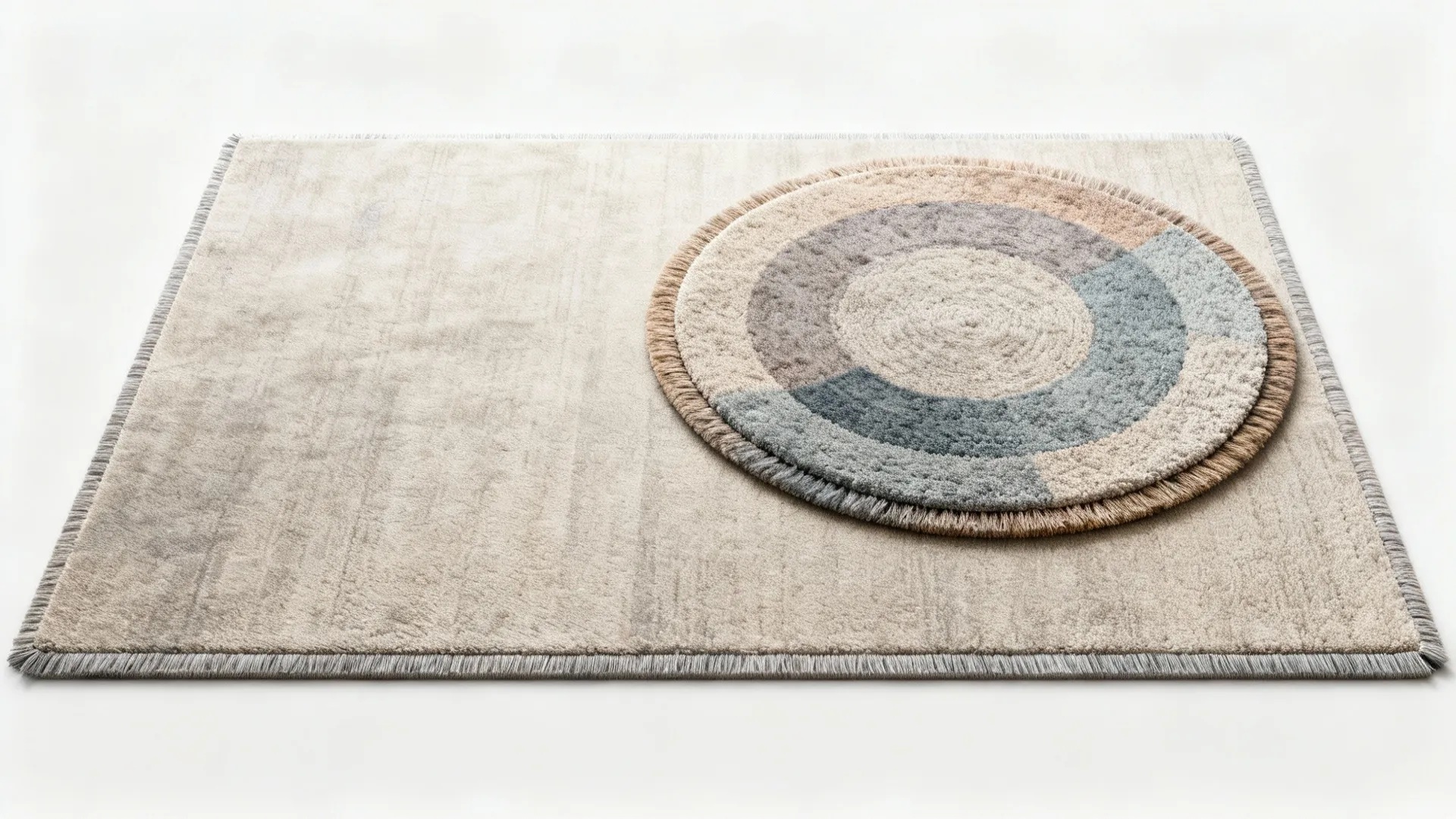 Top-down view of a smaller round rug layered over a larger rectangular rug showing texture contrast.