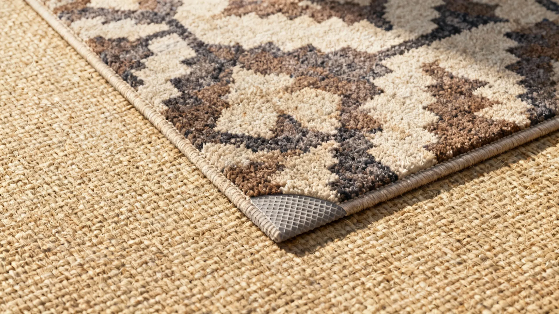 Top-down view of a patterned 5x7 rug layered over a larger jute rug showing texture contrast