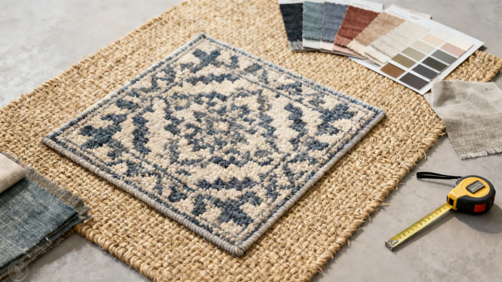 Top-down view of layered rugs with a jute base and patterned wool top rug plus swatches and measuring tape.
