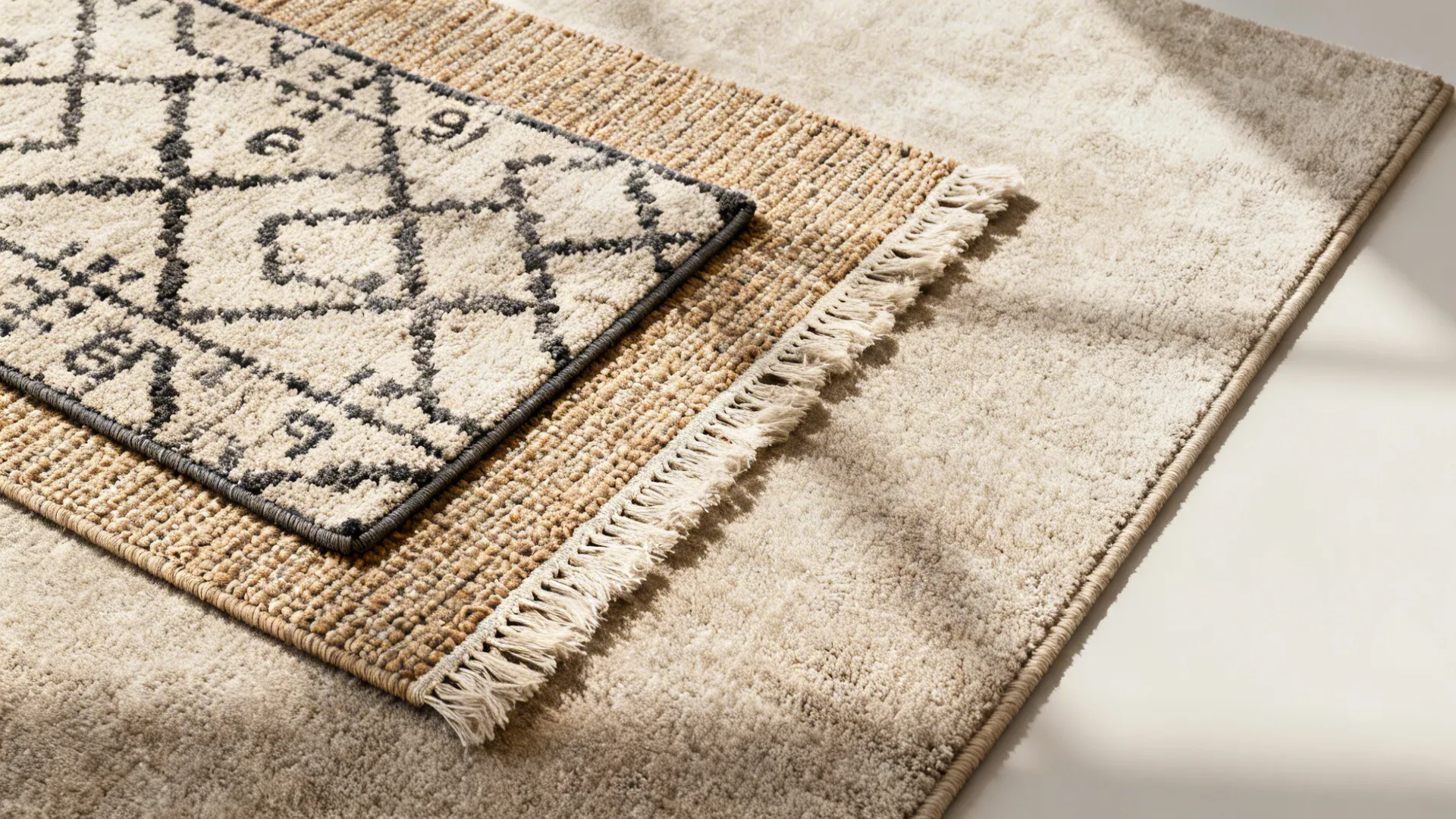 Top-down flatlay of a neutral base rug layered with a patterned accent rug showing texture and scale