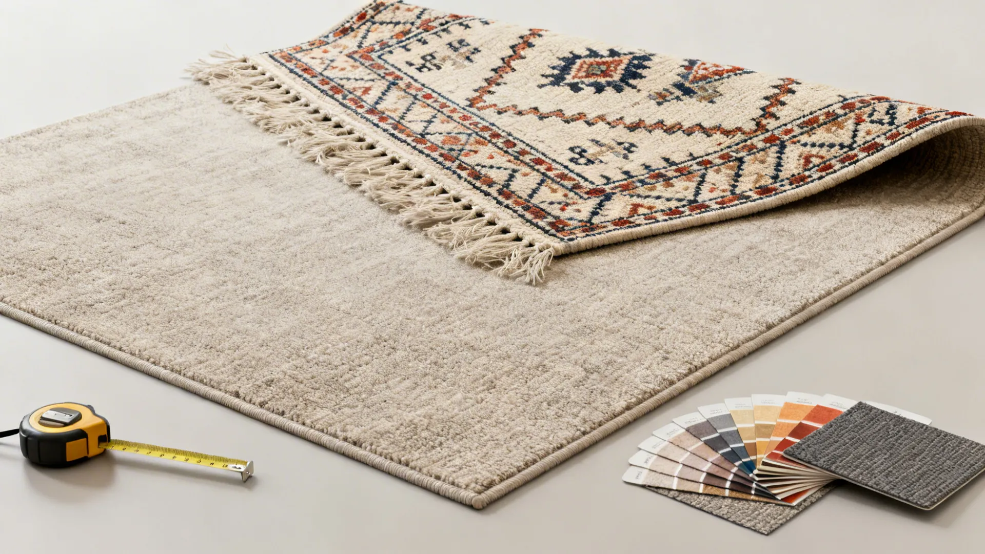 Top-down view of an 8x10 neutral rug layered with a smaller patterned rug and rug pad samples.