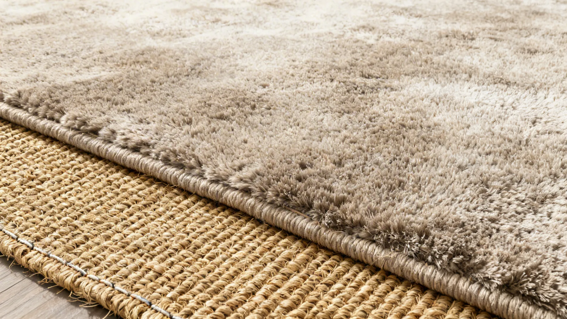 Top-down view of a plush rug layered with a jute runner showing texture contrast