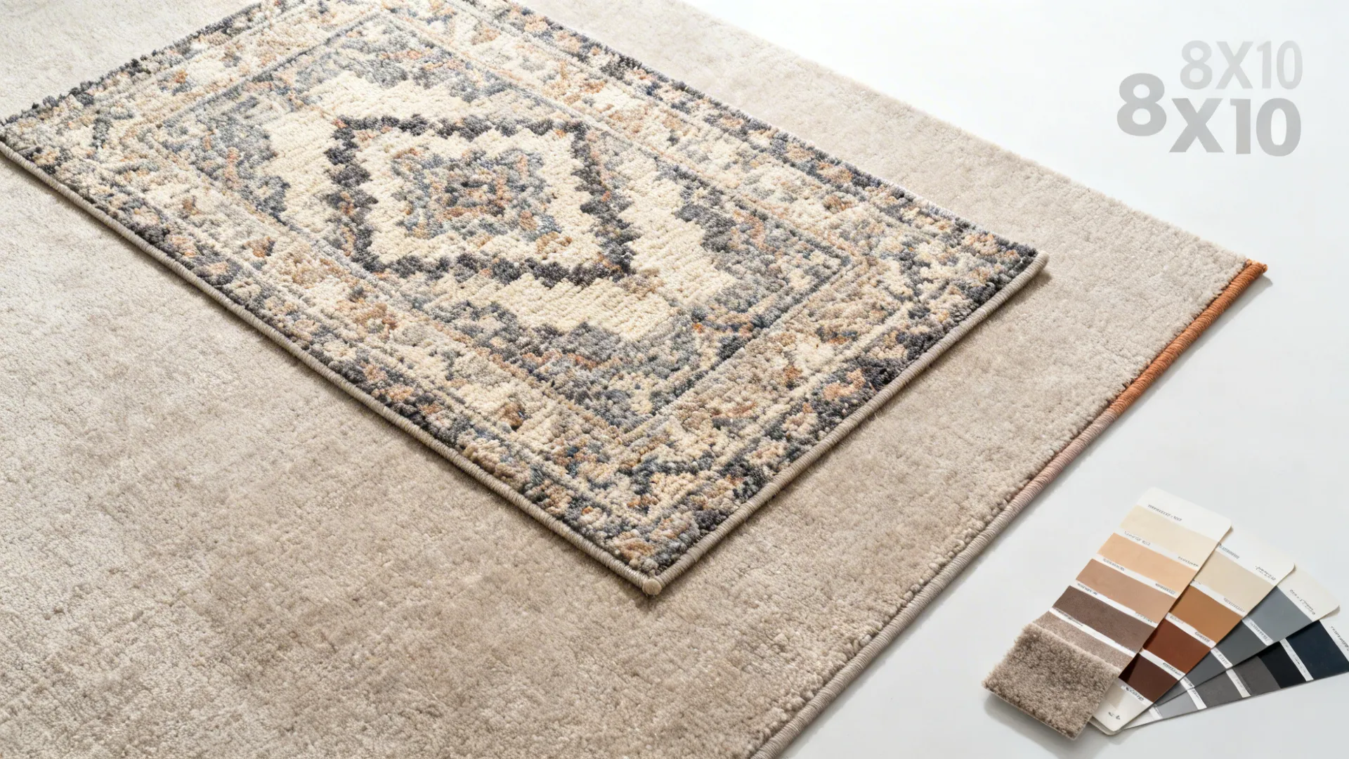Two layered rugs with a patterned top rug and color swatches on a white background