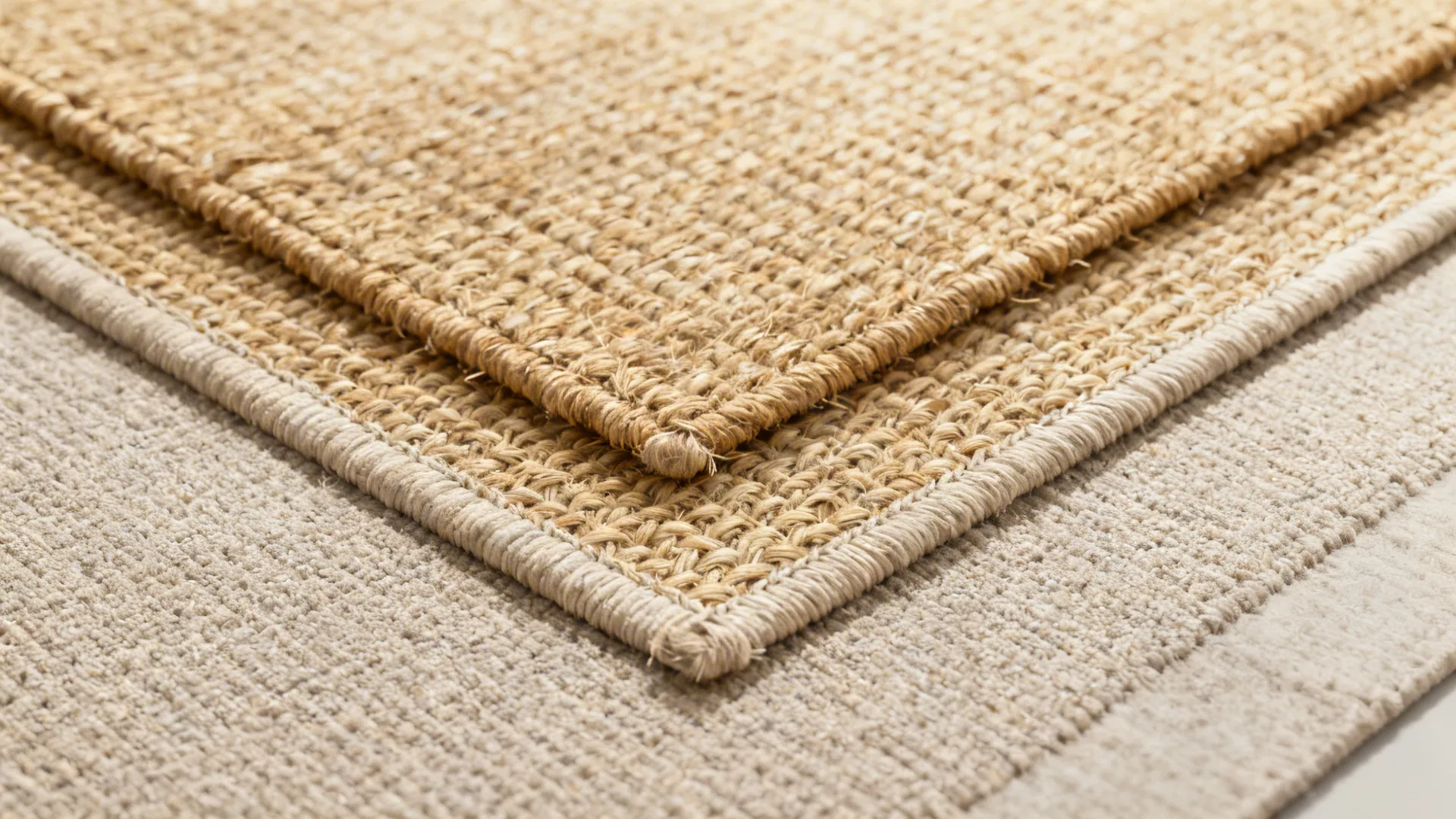 Close up view of two layered rugs with neutral colors and natural woven fabric material textures