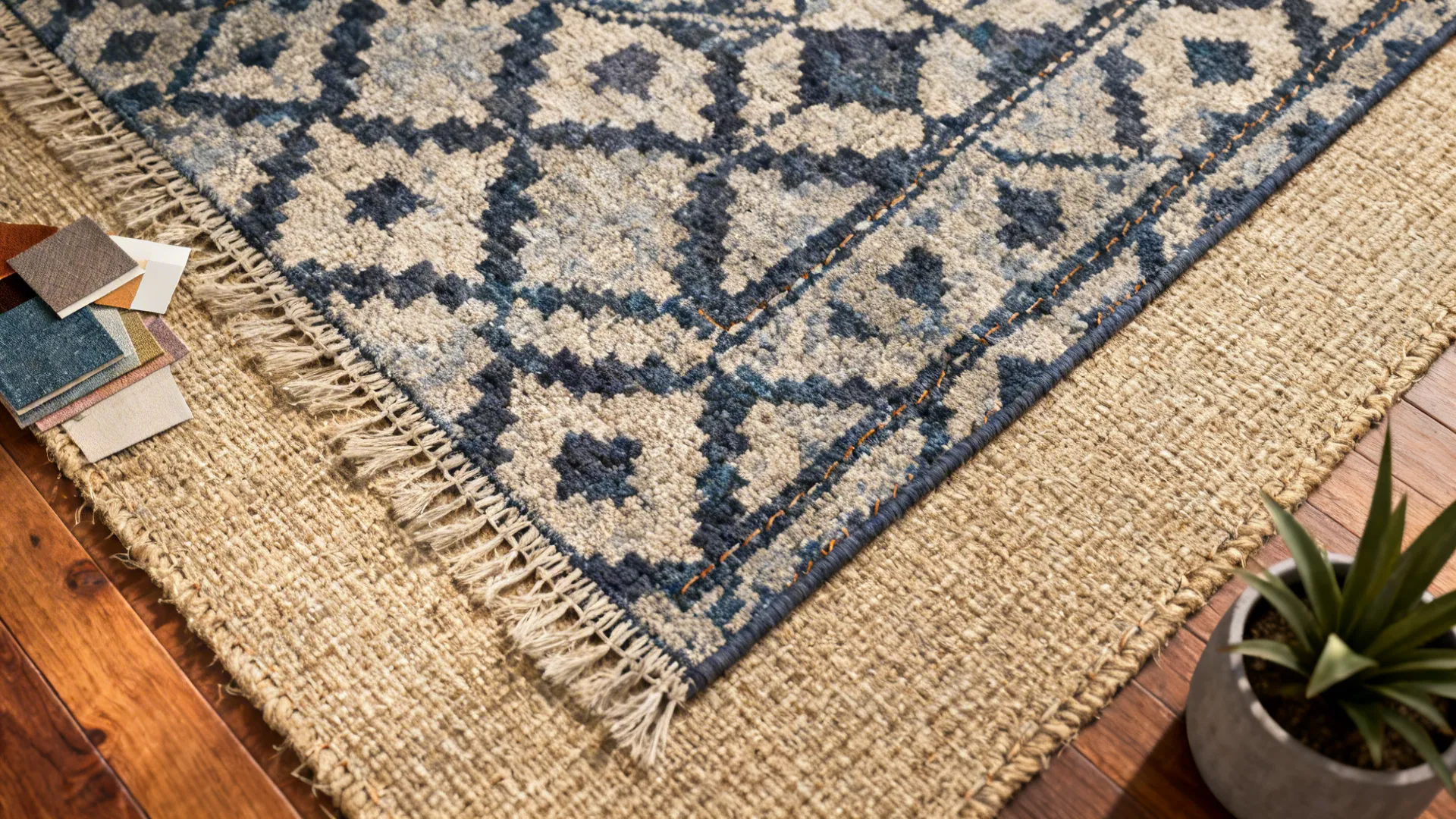 Top-down view of a patterned 6 x 9 rug layered over a neutral sisal rug showing texture contrast and alignment.