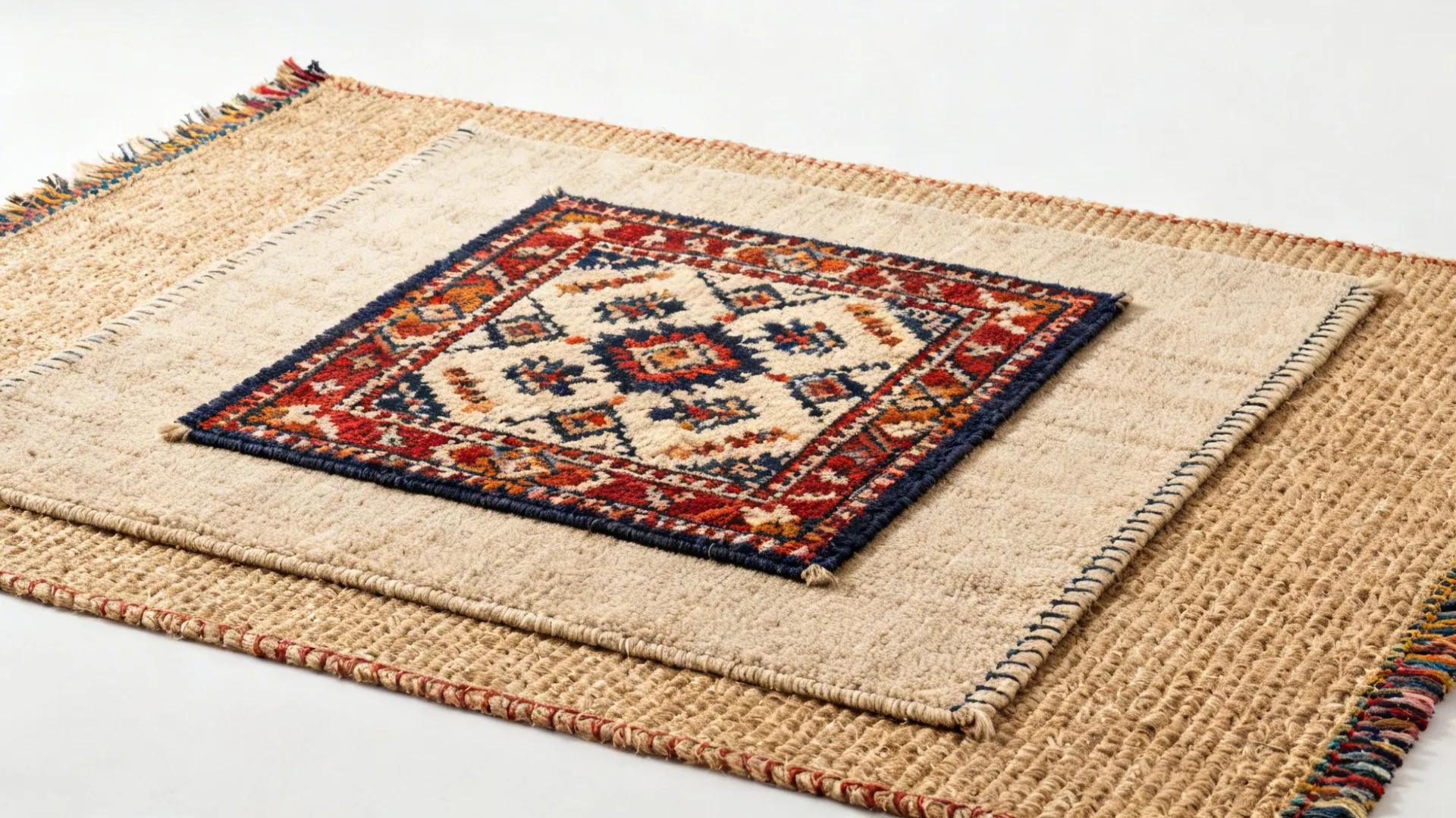 Top-down view of a smaller patterned rug layered over a larger neutral base with a 6–12 inch reveal