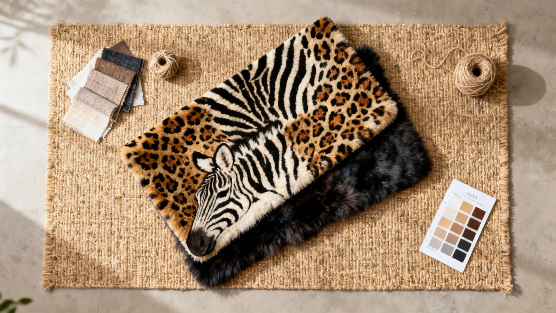 Top-down flatlay of a jute rug layered with a smaller plush animal print rug and fabric swatches.