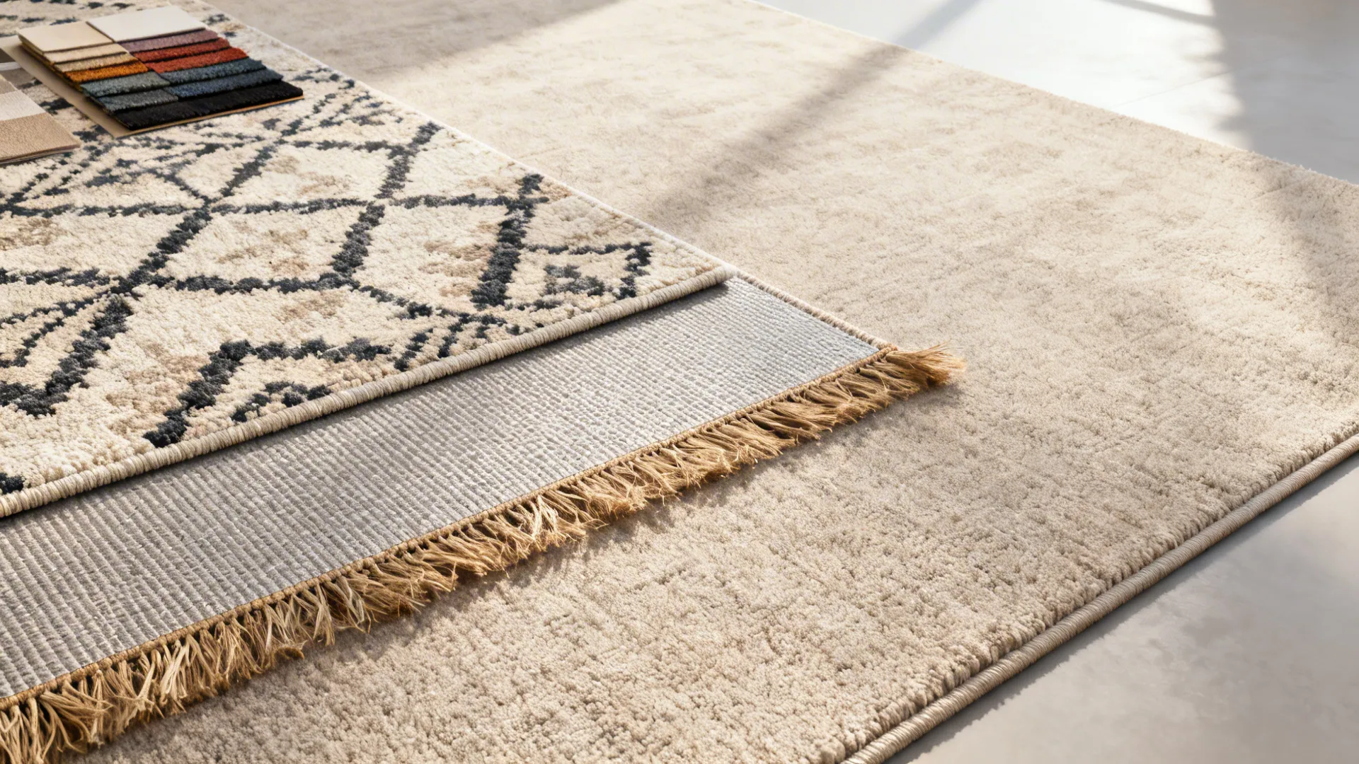 Top-down view of a large neutral rug layered with a smaller patterned rug showing texture and contrast.