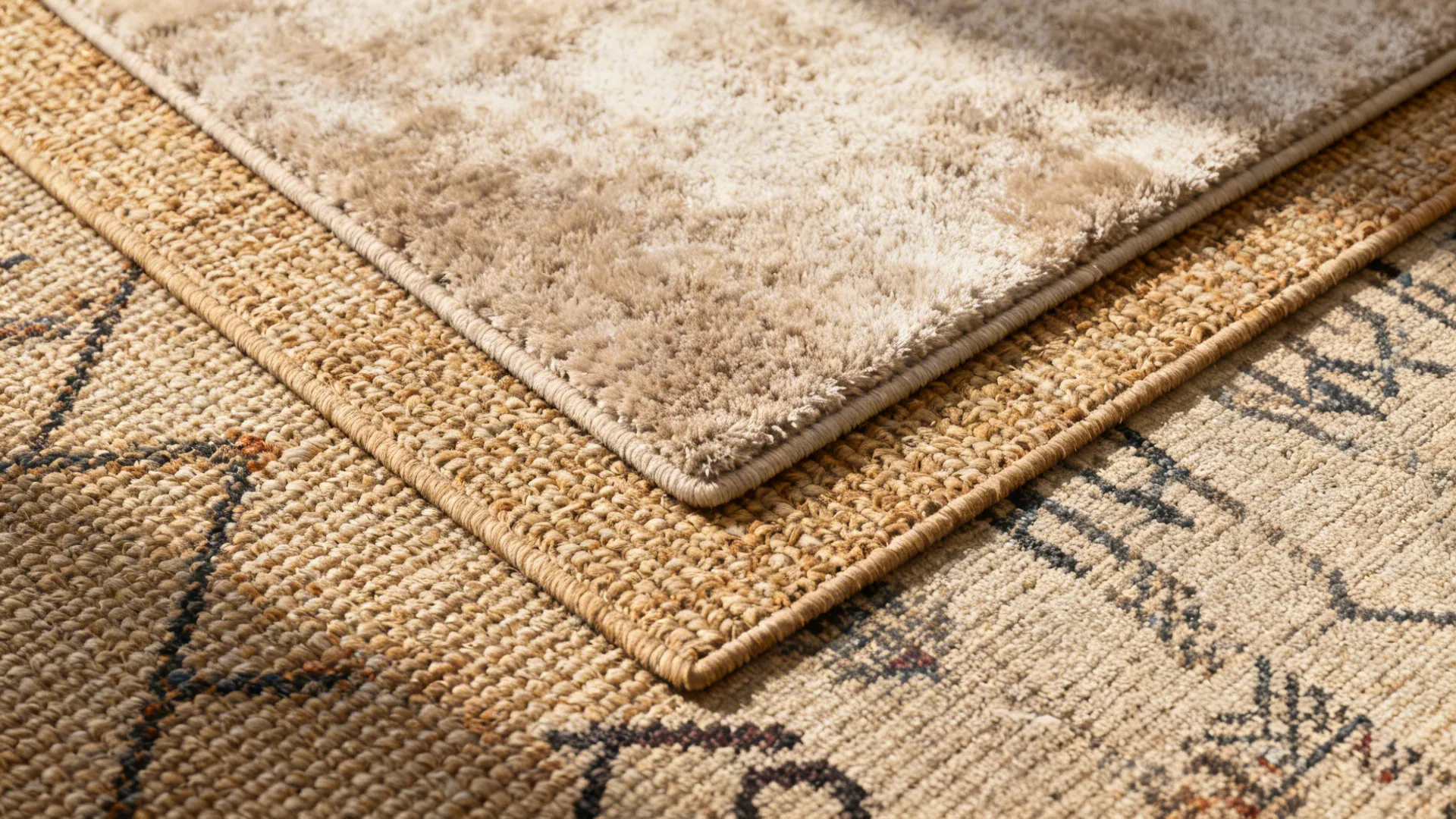 Top-down view of layered rugs: flatweave base with a smaller textured rug, showing color and pattern scale.