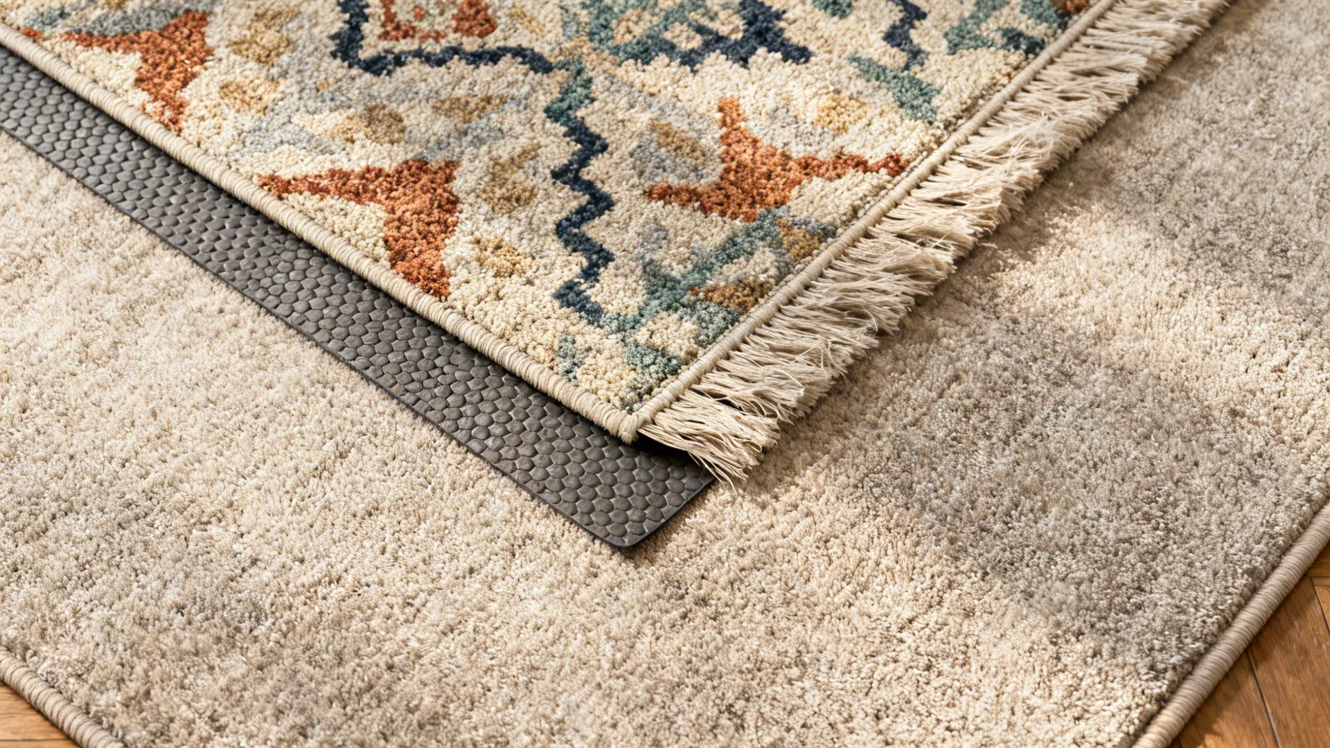 Top-down view of a neutral base rug layered with a smaller patterned rug showing texture and edges.