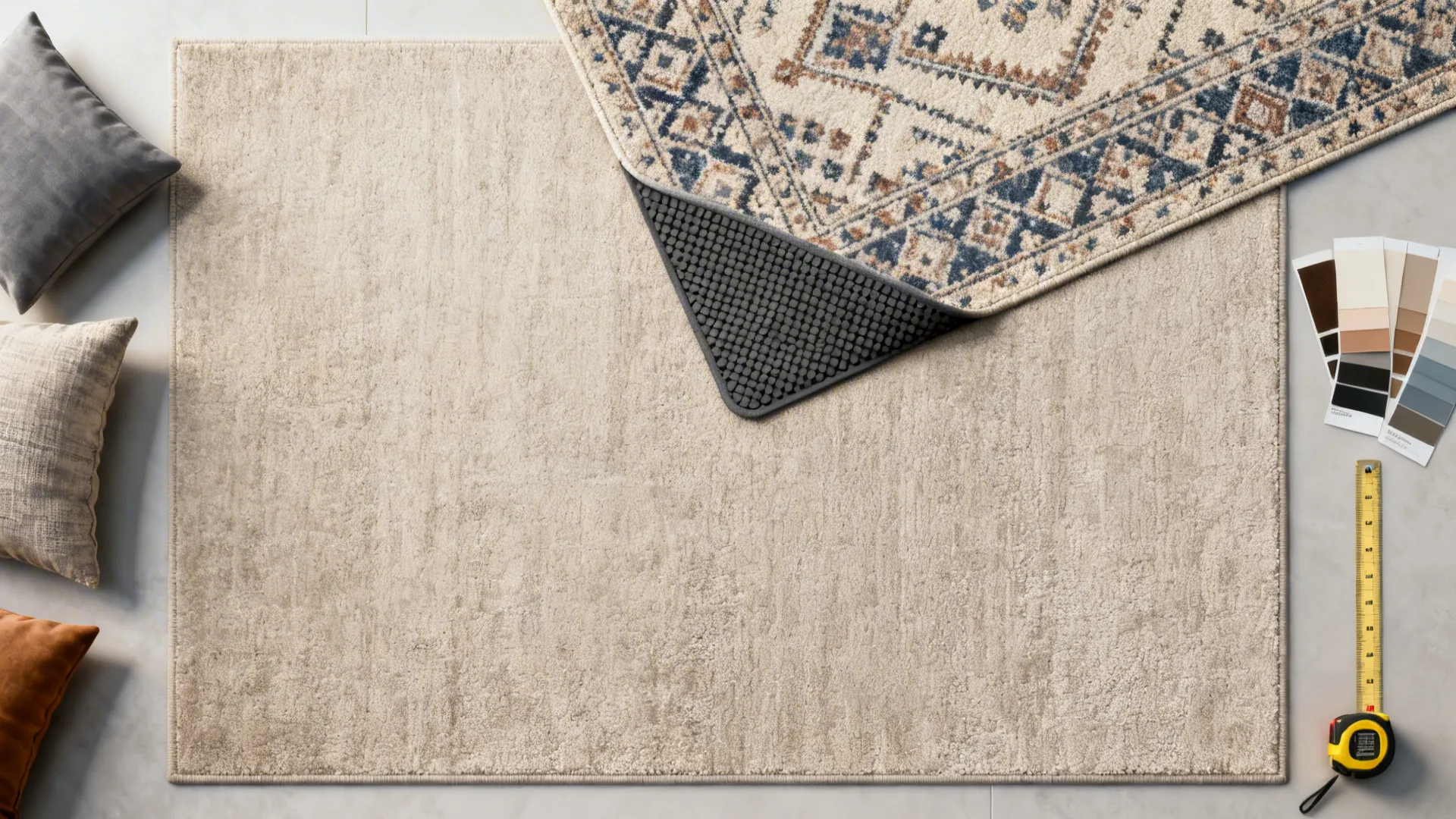 Top-down view of a layered rug setup with a neutral base and smaller patterned rug plus a non-slip pad.