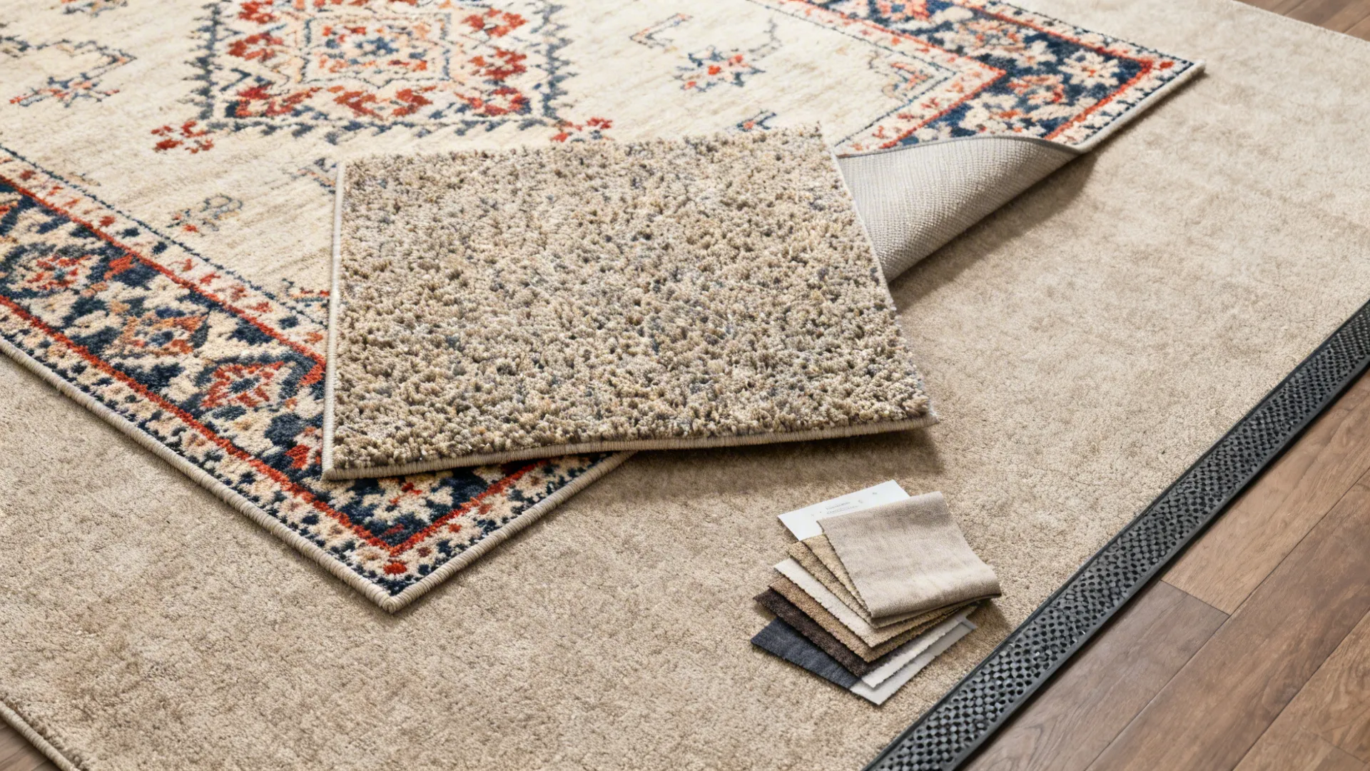 Top-down view of an 8x10 patterned rug layered over a larger neutral rug with fabric swatches